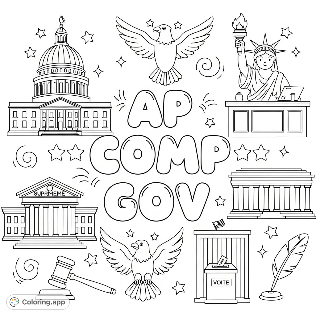 Explore the world of government with this cute AP Comp Gov coloring page featuring prominent bubble letters and friendly interpretations of iconic governmental symbols.