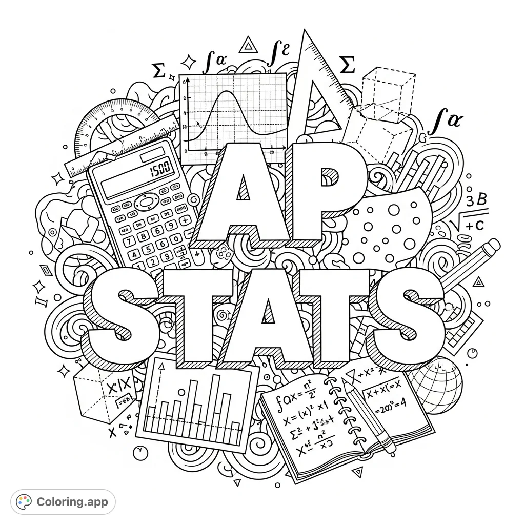 Dive into the world of statistics with "AP STATS" in bubble letters, surrounded by essential math and statistical icons. A fun, brain-boosting challenge!