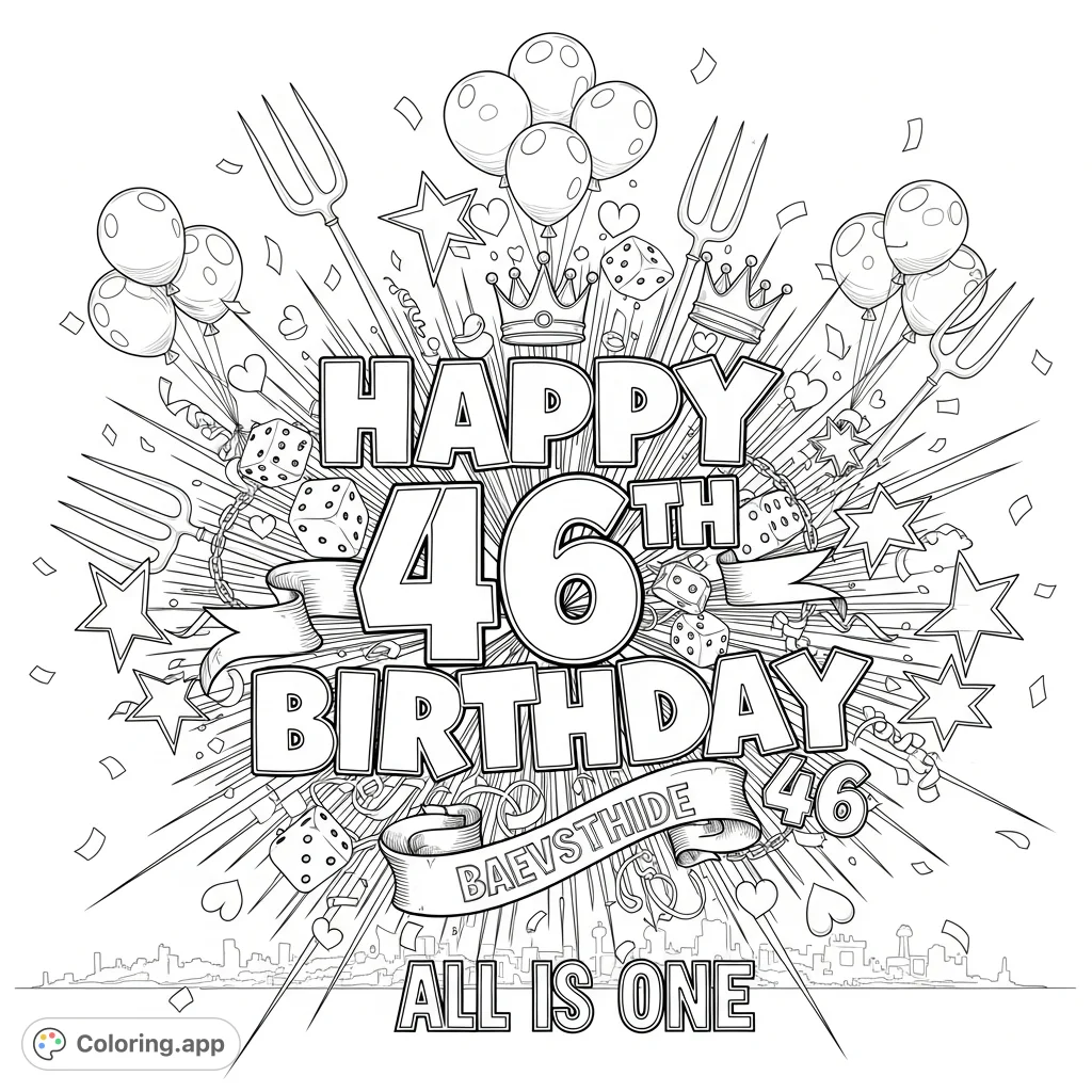 A dynamic graffiti-style 'HAPPY 46TH BIRTHDAY' coloring page, featuring stars, hearts, crowns, dice, balloons, confetti, and a cityscape backdrop. Unleash your creativity!