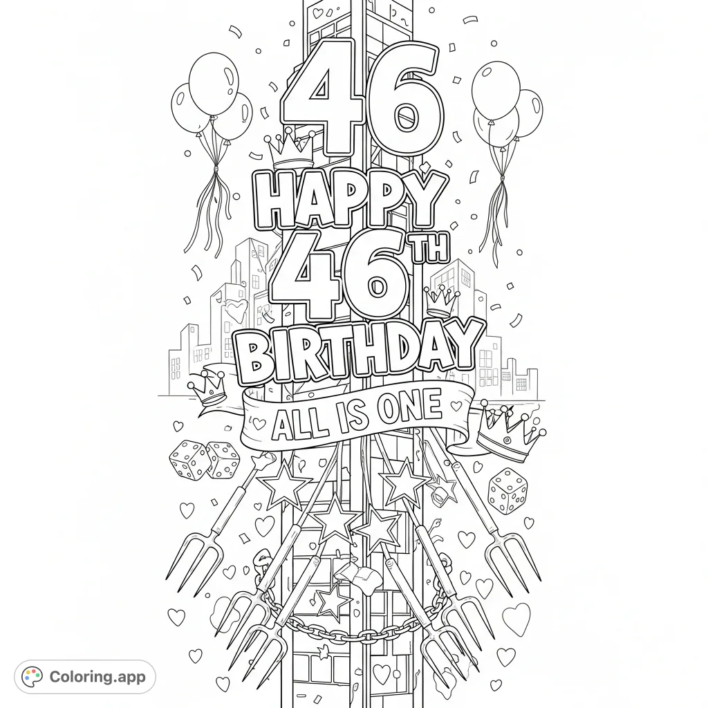 Celebrate a special milestone with this dynamic 46th birthday graffiti design. Intricate urban elements, text, and festive details await your creative touch.