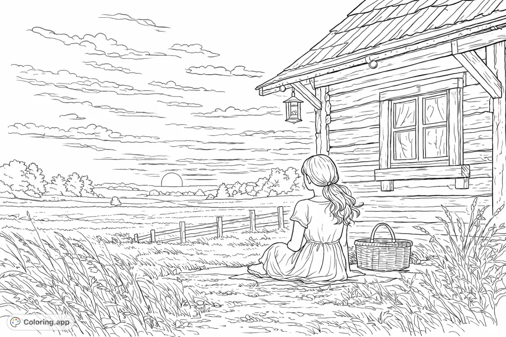A serene rural scene featuring a young person seated on a cabin porch, gazing at a peaceful sunset over vast fields. Escape into nature's tranquil beauty.