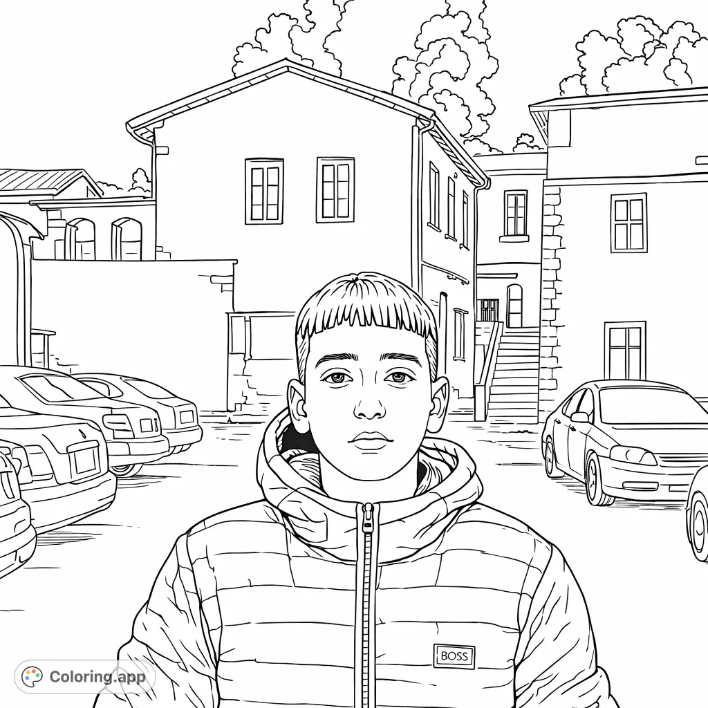 A thoughtful young person in a quilted jacket stands before urban buildings and parked cars. A contemporary scene ready for personal artistic expression.