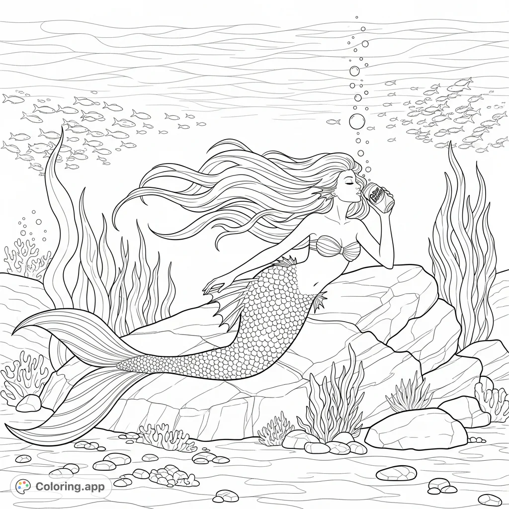 An enchanting mermaid takes a moment to enjoy a Dr. Pepper while reclining on underwater rocks, surrounded by intricate marine life.