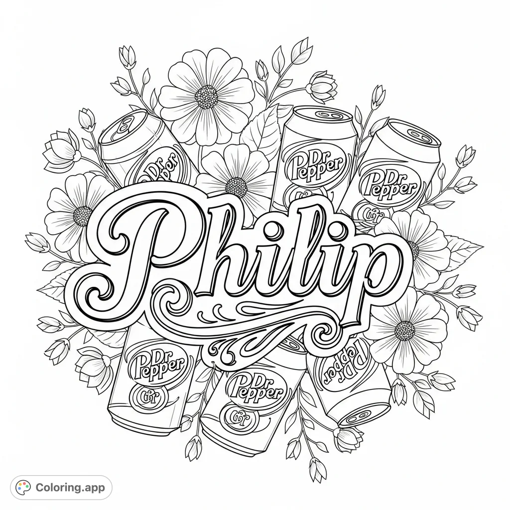 A personalized 'Philip' coloring page featuring the name in elegant script, surrounded by Dr Pepper cans and blooming flowers. A unique, free printable!