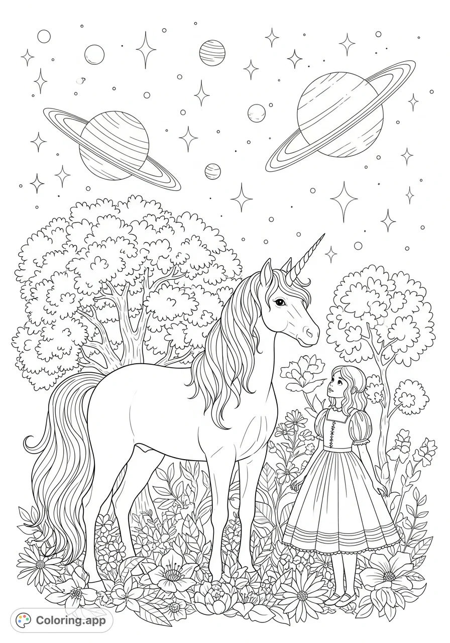 A magical unicorn, a girl in a beautiful dress, and a cosmic sky filled with planets and stars await your creative touch in this enchanting fantasy scene.