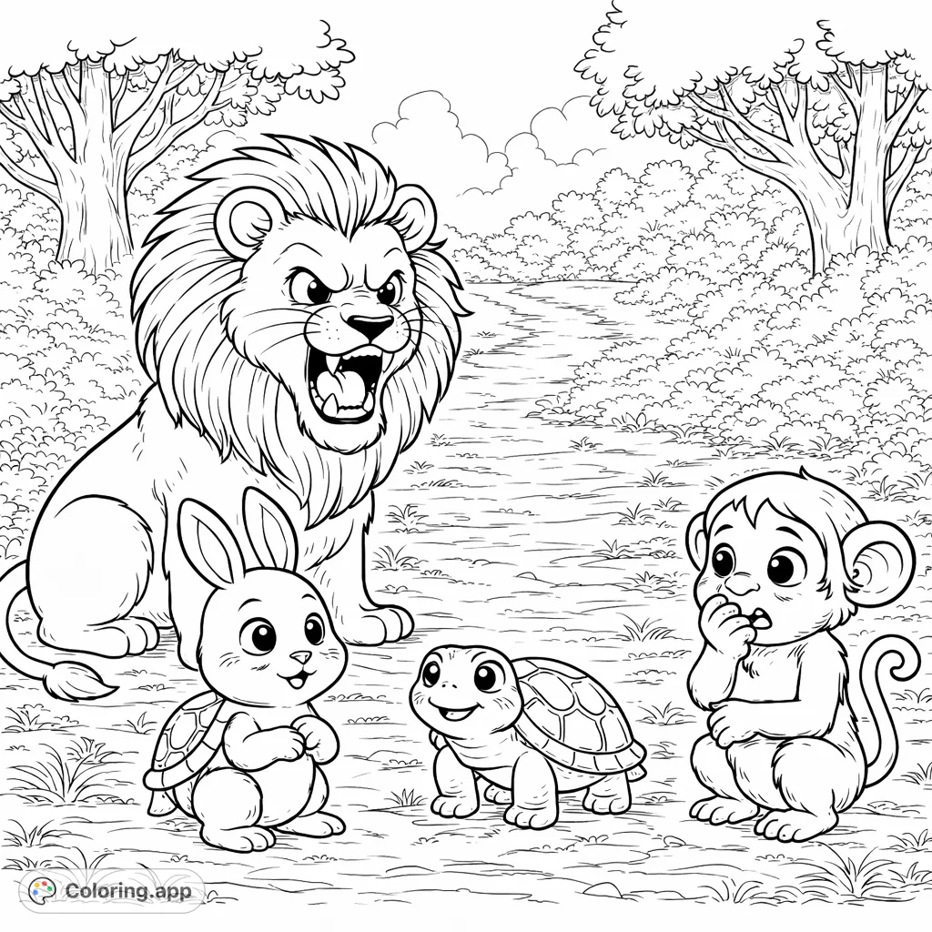 Explore a lively forest scene with a majestic lion, a curious rabbit, a friendly turtle, and a surprised monkey. A delightful animal adventure awaits your colors!