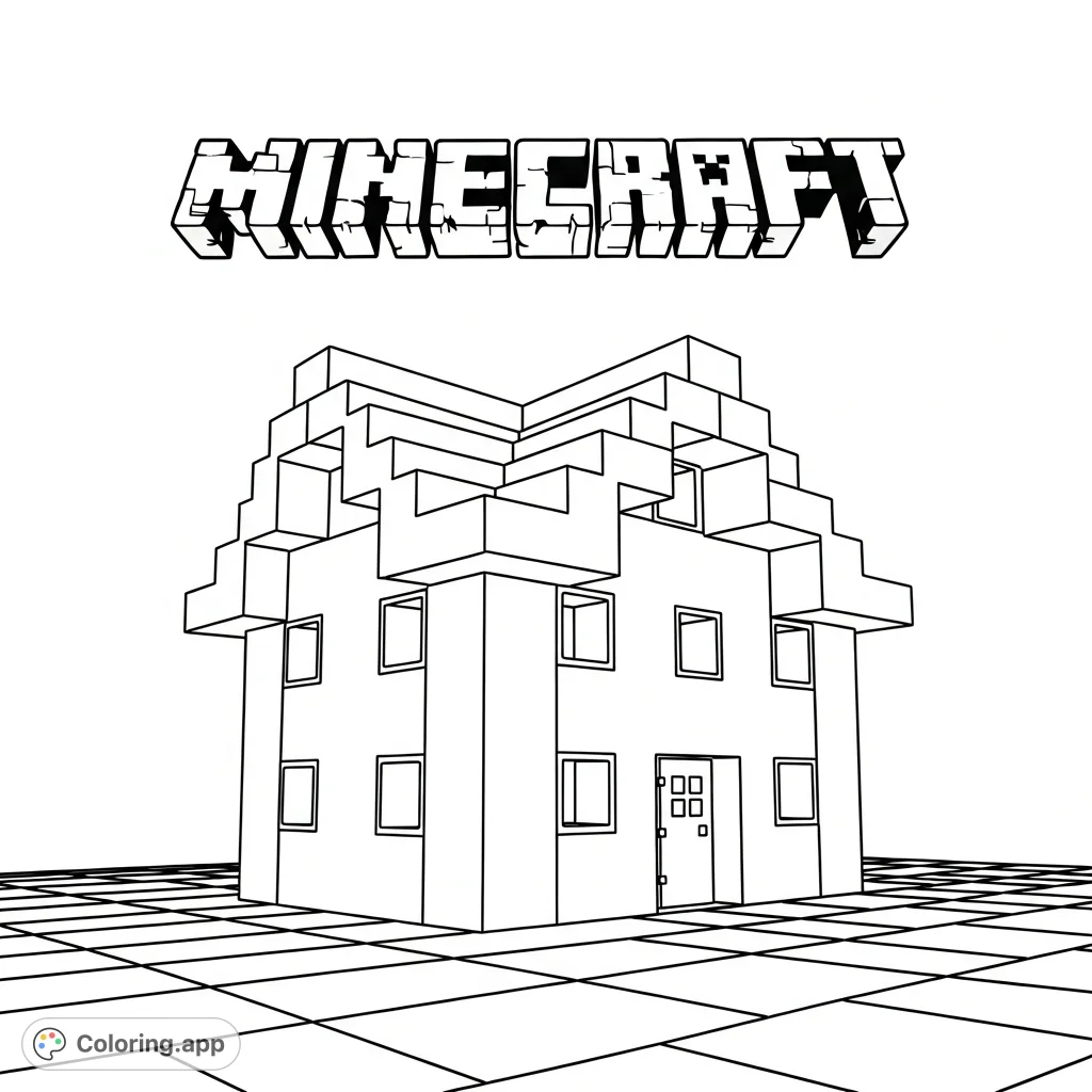 Dive into the blocky world with this free printable Minecraft house coloring page, featuring the iconic game logo. Perfect for fans to customize their pixelated dreams!