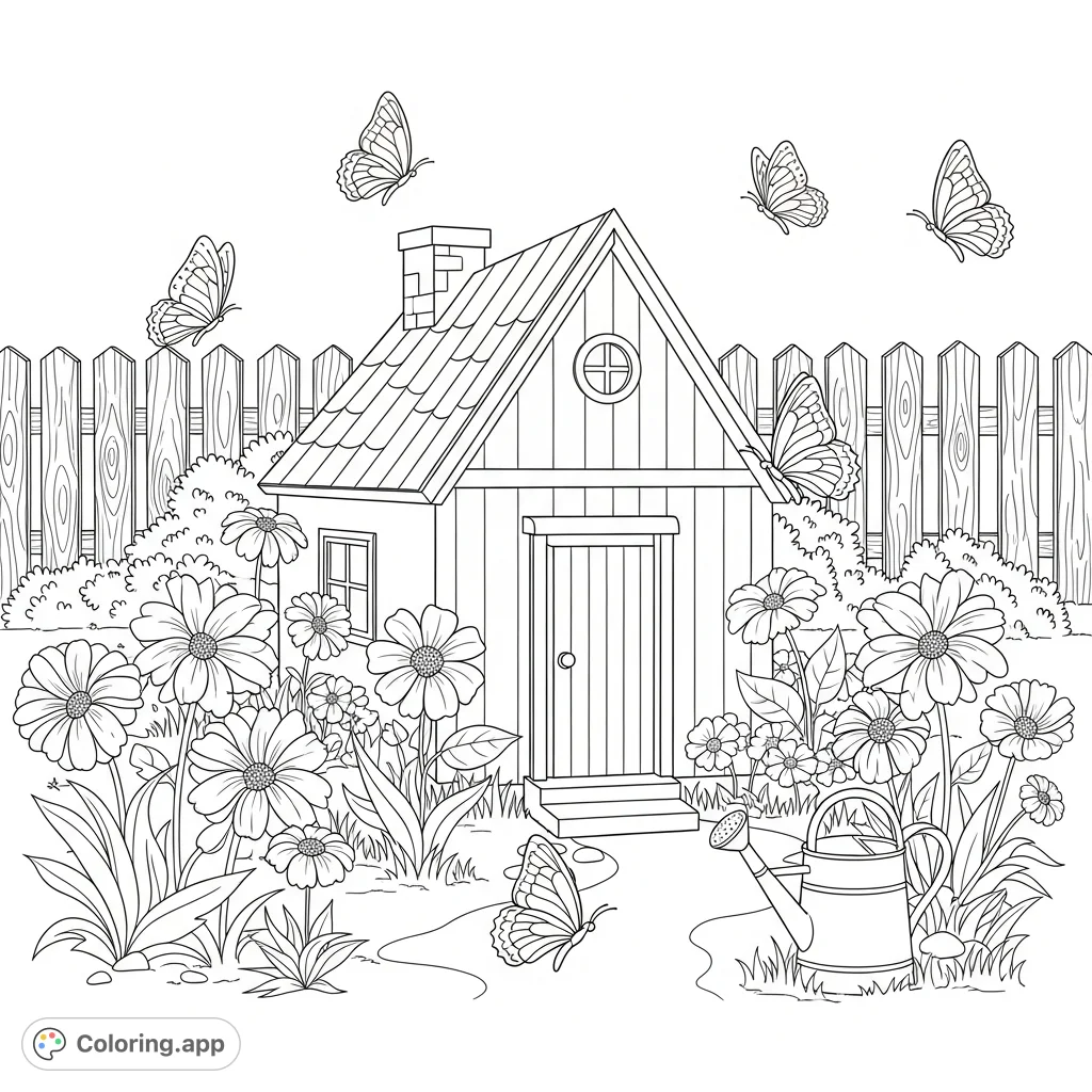 A delightful cottage garden coloring page featuring a cozy cottage, blooming flowers, graceful butterflies, a watering can, and a rustic wooden fence.