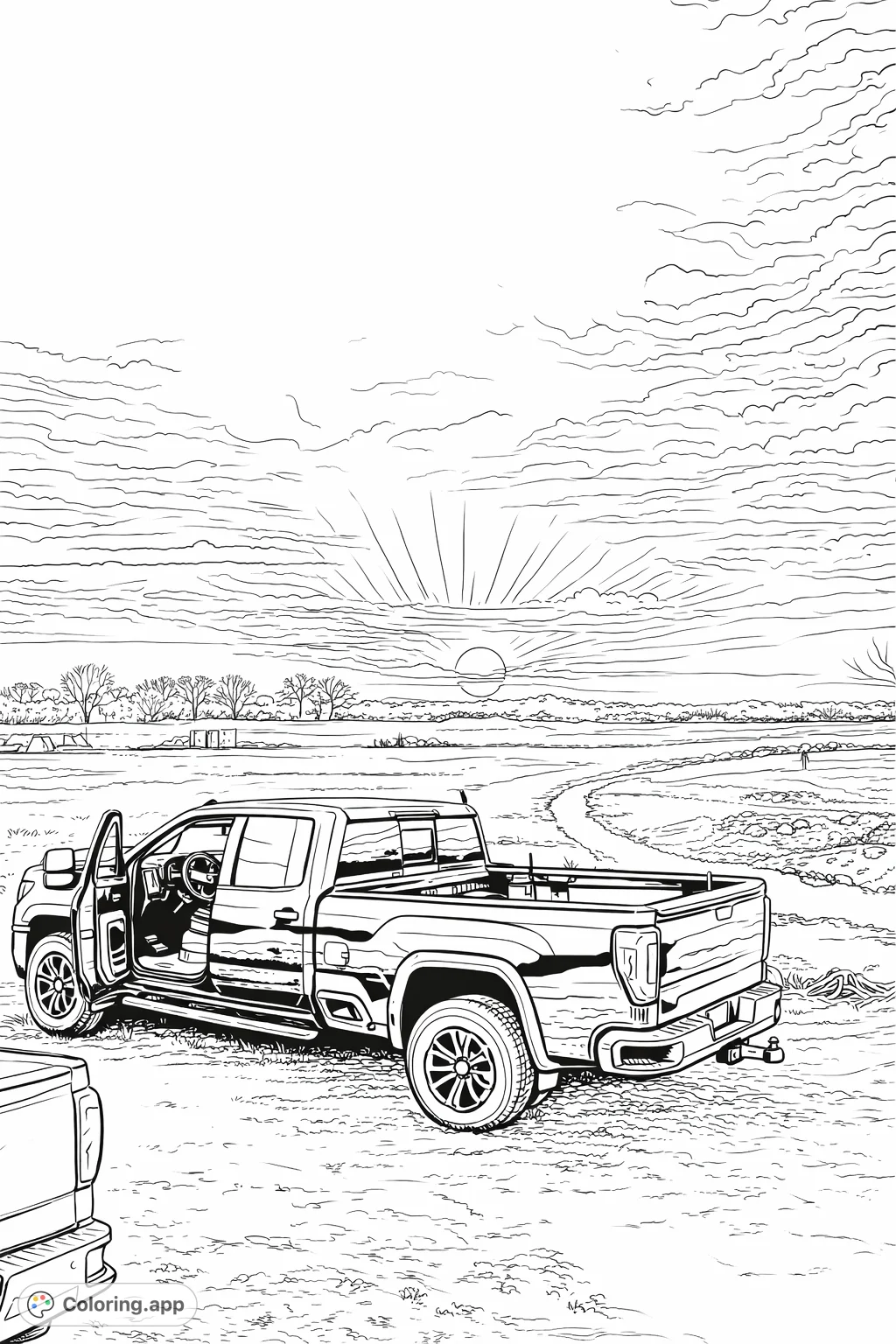 Color a powerful pickup truck parked on gravel, with its door open, set against a stunning sky with distant trees. A detailed vehicle scene awaits your artistic touch.