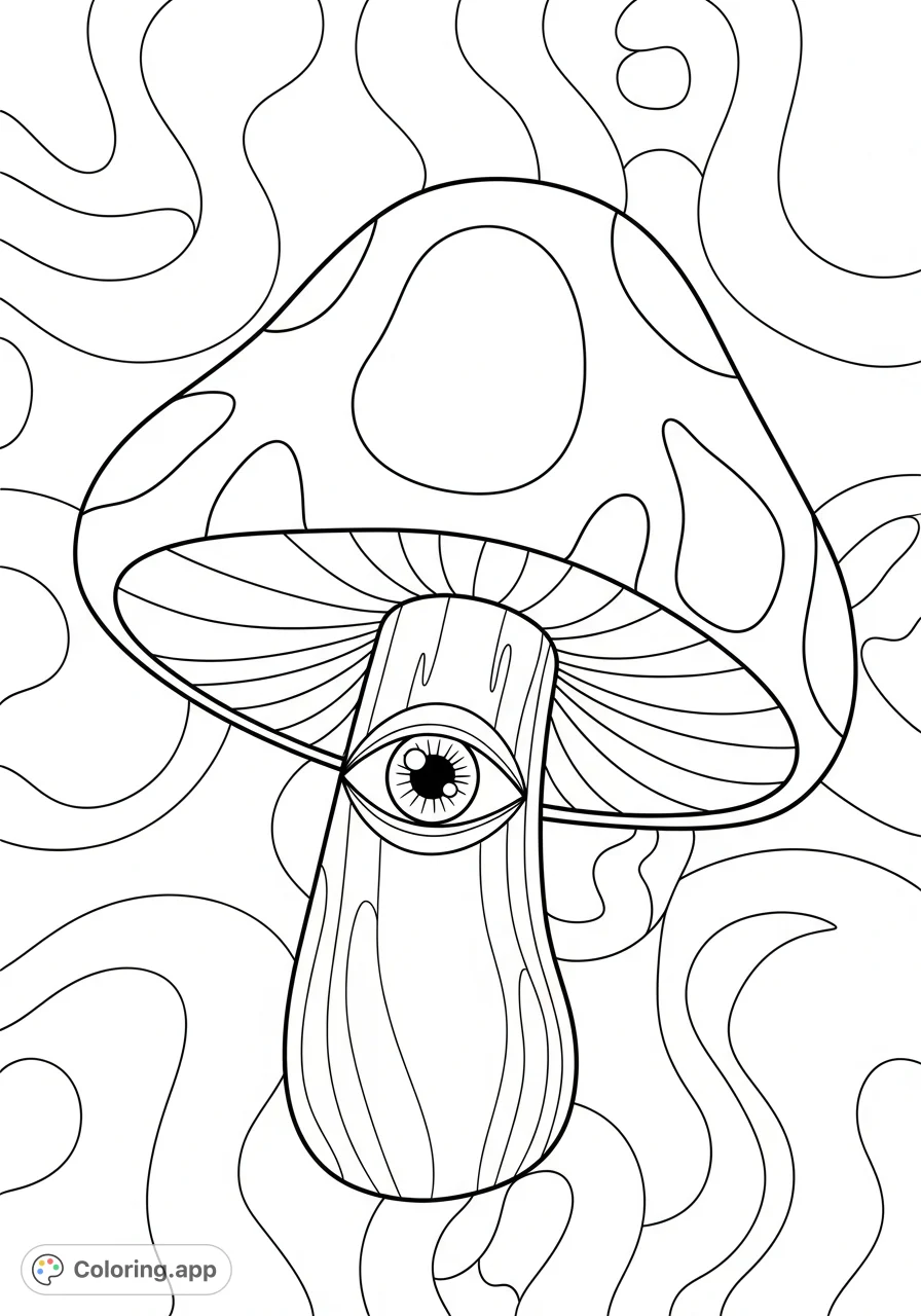 Dive into a hypnotic mushroom mandala featuring a watchful eye and intricate patterns. This cool, trippy design offers an easy, creative escape for colorists.