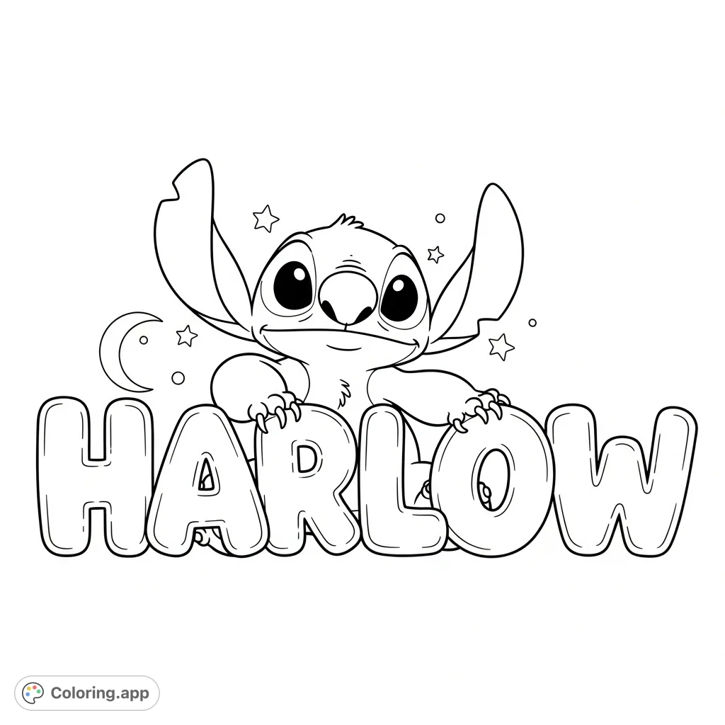 Stitch playfully interacts with large bubble letters spelling 'Harlow', featuring his signature ears and wide eyes. A fun, personalized character coloring page.