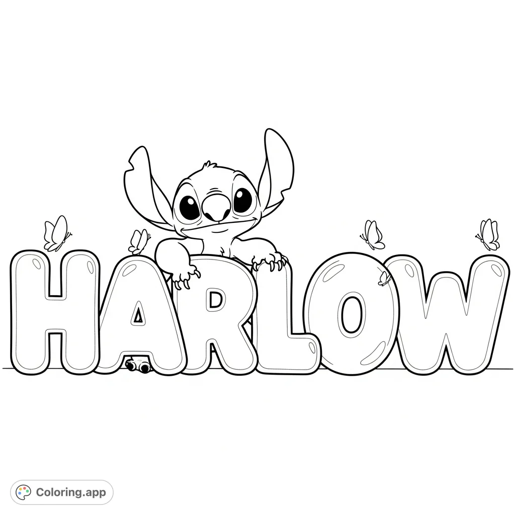 A delightful free printable Stitch coloring page featuring the mischievous alien playfully interacting with large, volumetric bubble letters spelling 'Harlow'.