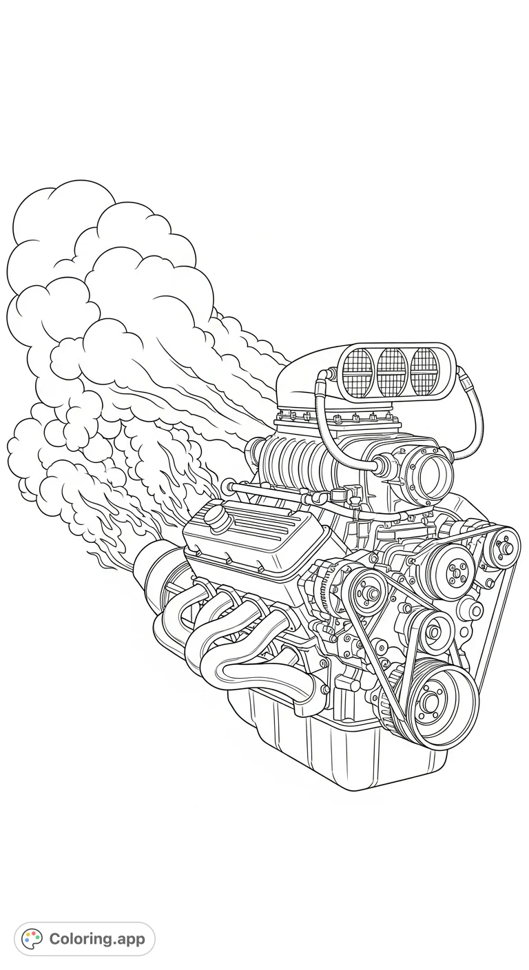 Unleash your creativity on this detailed high-performance engine coloring page, featuring a supercharger, intricate mechanics, and a powerful jet thruster.