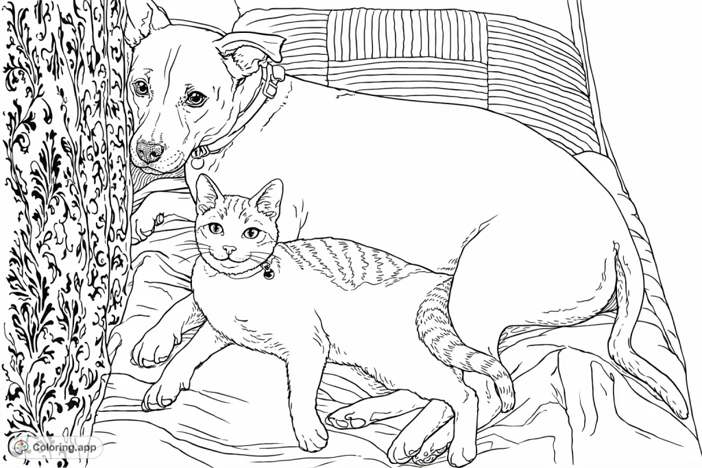 A heartwarming scene featuring a large dog and a small cat resting together. Perfect for pet lovers and those seeking a delightful animal friendship coloring page.