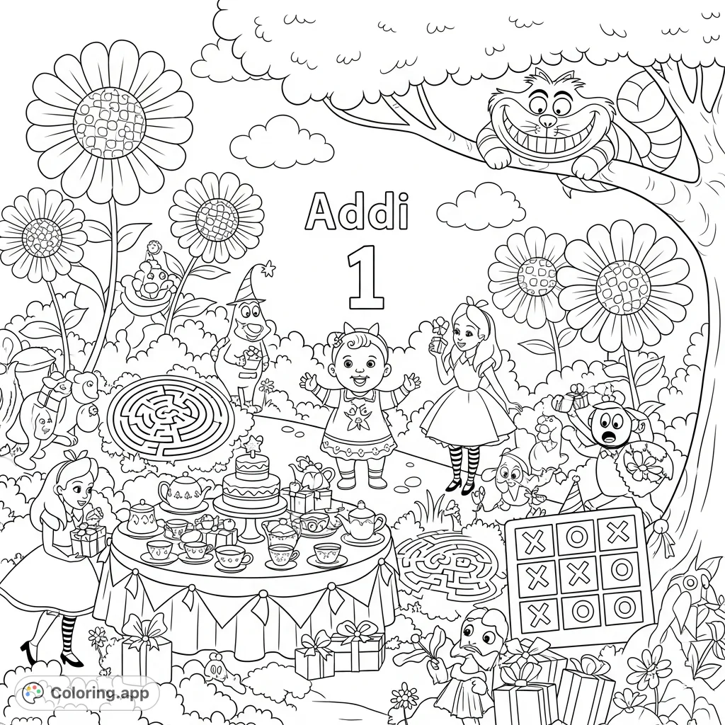 Step into Addi's magical first birthday Onederland! Join Alice, the Cheshire Cat, and friends for a whimsical tea party amidst oversized flowers, complete with a mini maze and tic-tac-toe.