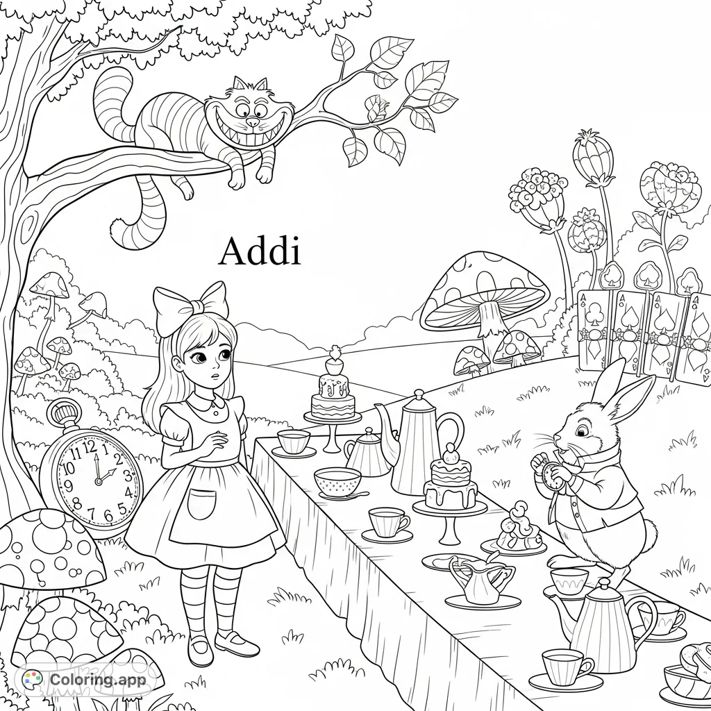 Join Addi in a magical Wonderland scene, featuring the White Rabbit, Cheshire Cat, and a fantastical tea party, perfect for a first birthday celebration!