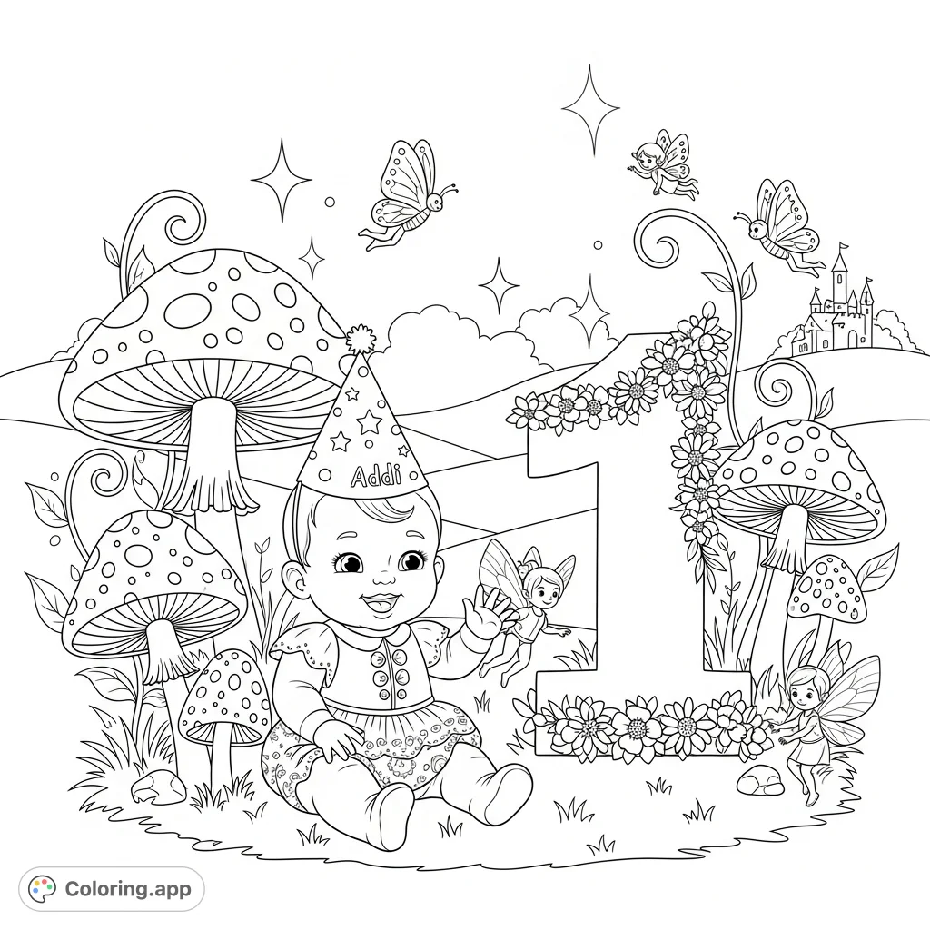 Discover Addi's magical "Onederland" with oversized mushrooms, fluttering fairies, and sparkling stars. A charming scene for imaginative coloring adventures!