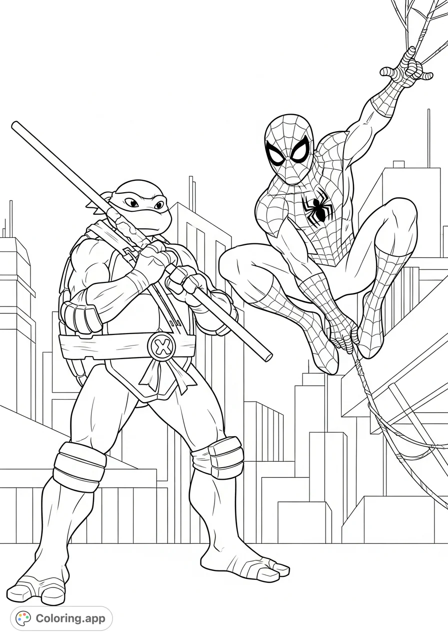 Witness a thrilling crossover! Donatello the Ninja Turtle encounters Spider-Man in a dynamic cityscape scene.