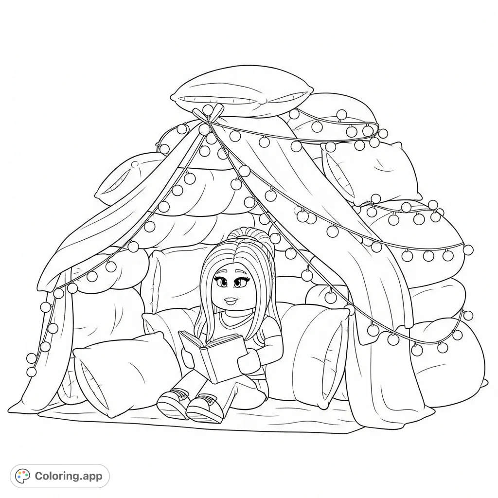 A charming Roblox girl nestled in her cozy pillow fort, adorned with delicate fairy lights. A delightful and inviting scene for creative coloring fun.