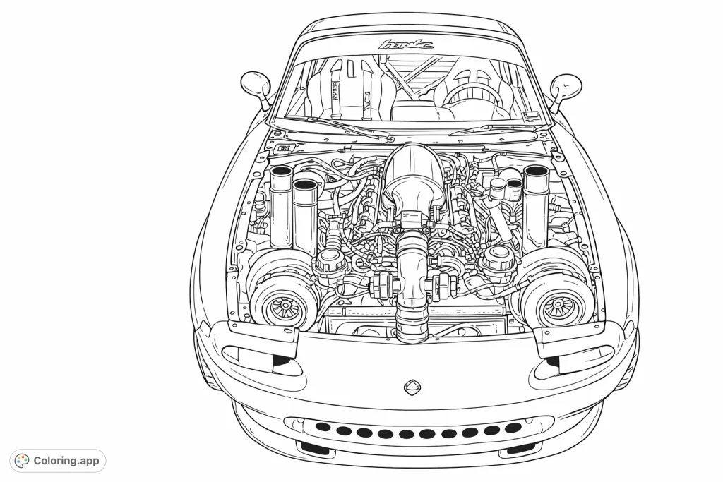 Detailed sports car engine bay revealed, showcasing twin turbochargers, intricate piping, and mechanical components. A challenging design for car enthusiasts.