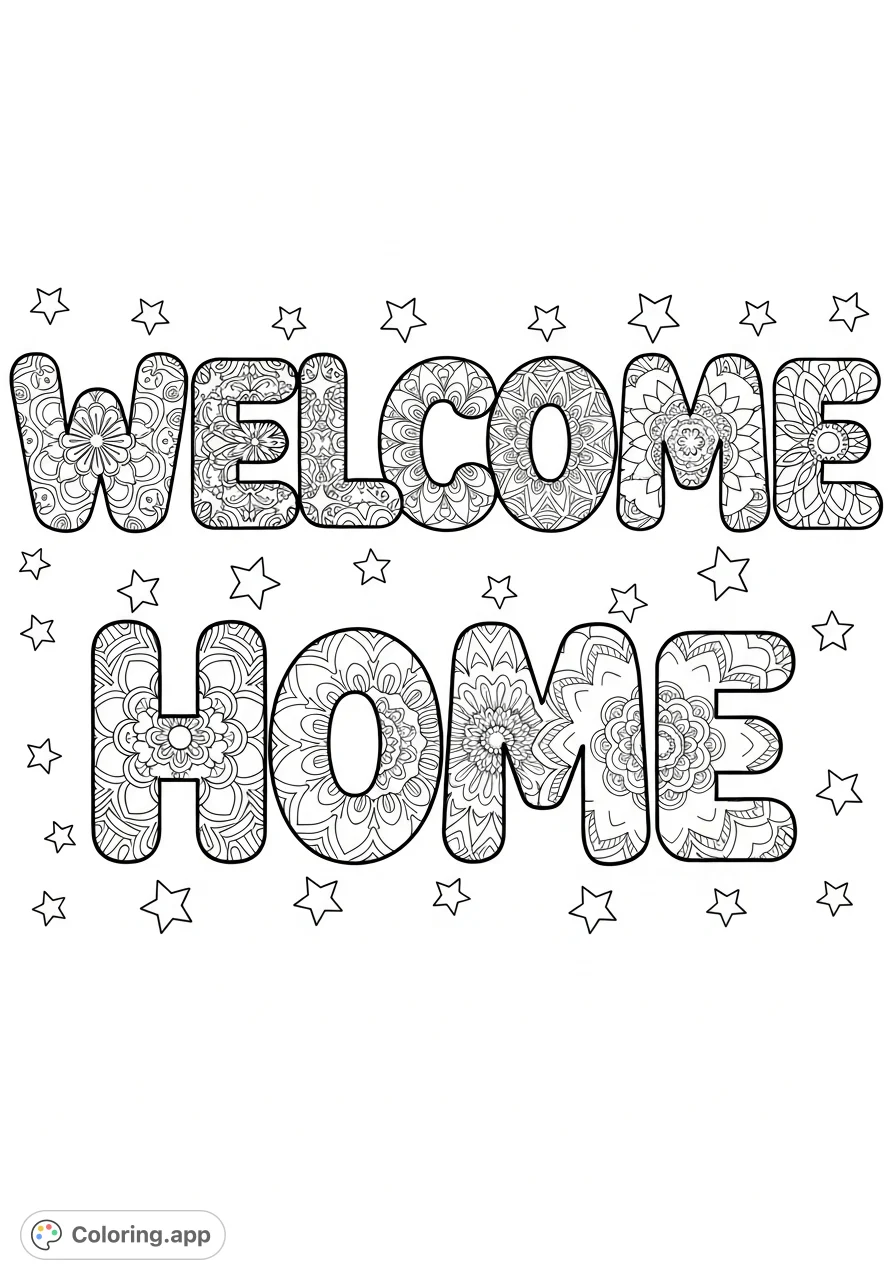 Bubble letters spelling 'Welcome Home,' each filled with intricate mandala patterns. A detailed and welcoming design for creative coloring fun.