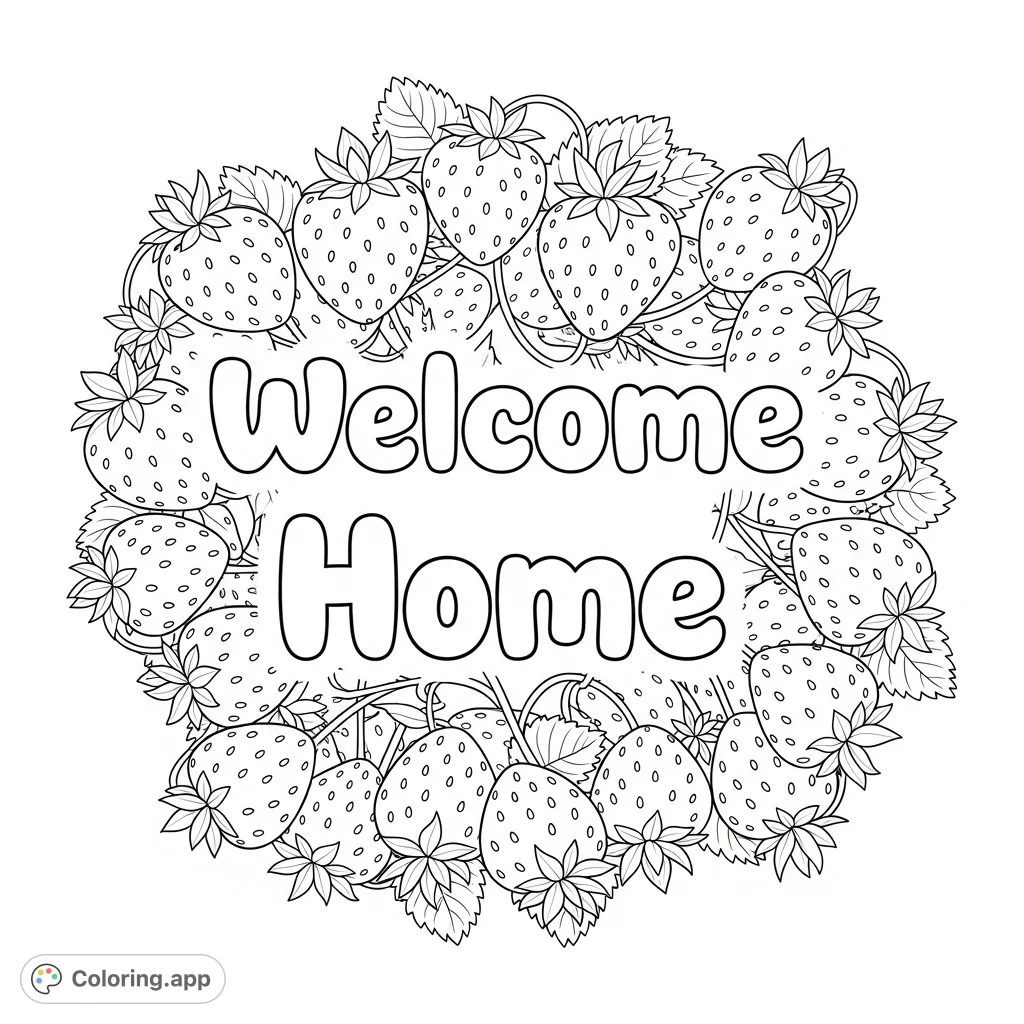 A delightful strawberry-themed frame around 'Welcome Home' in bubbly cursive. Perfect for a cheerful, free printable coloring page.