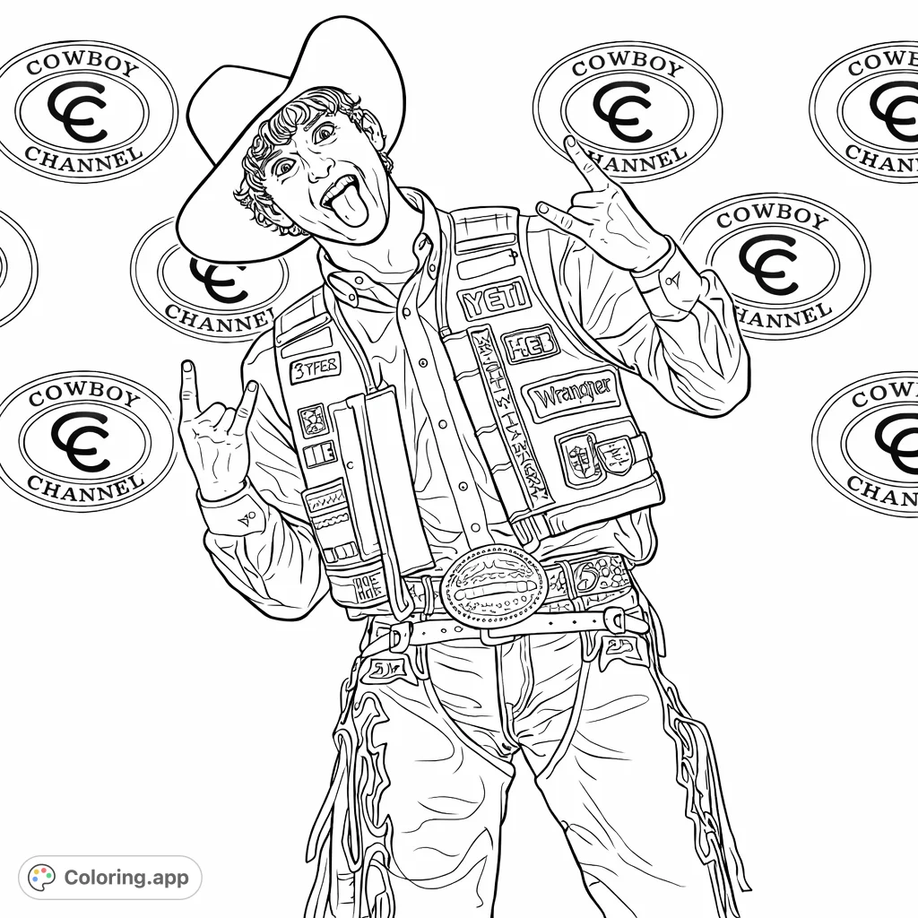 An energetic rodeo performer in a cowboy hat, decorated vest, and chaps, makes a fun gesture against a backdrop of repeating logos. Perfect for western fans!