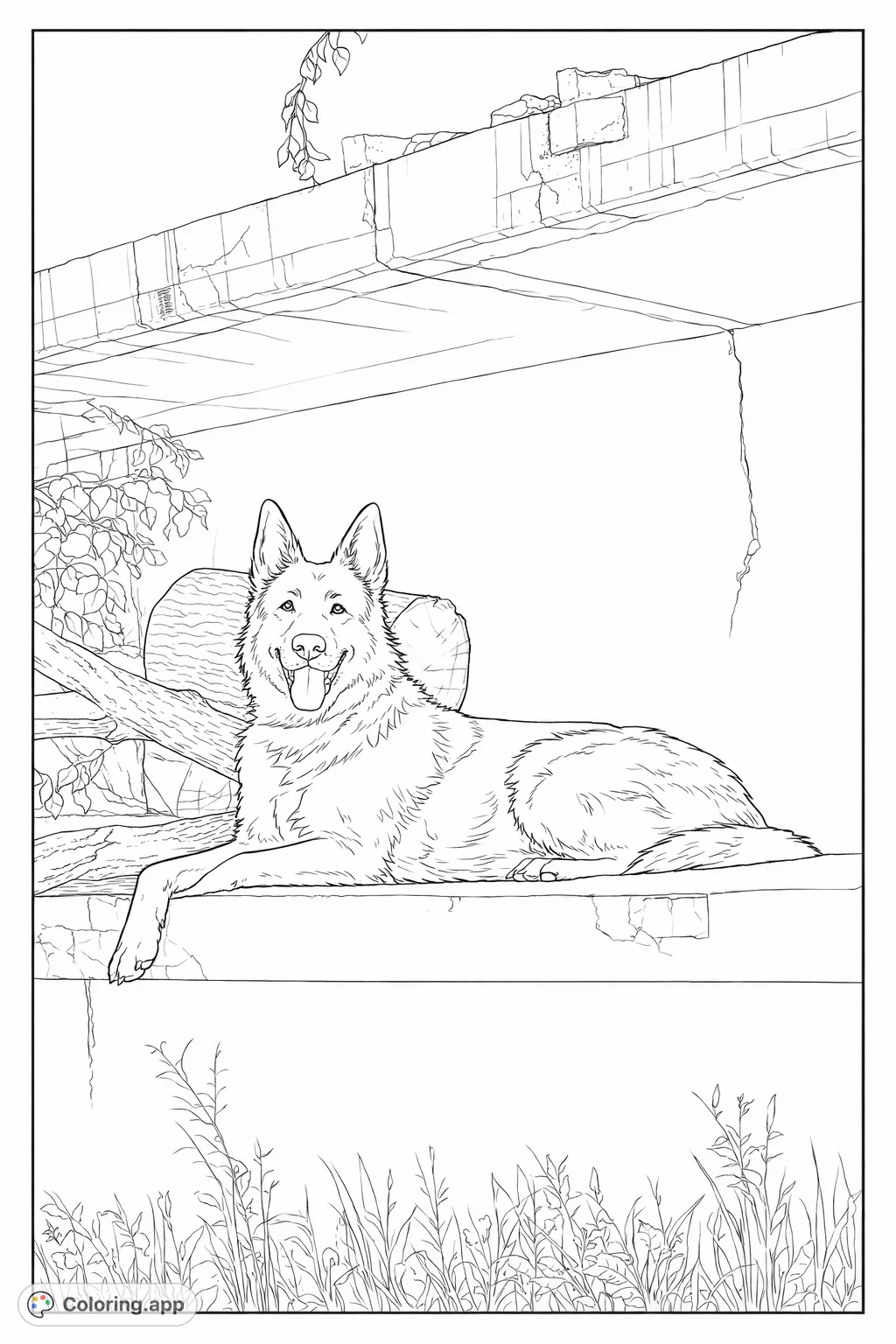 A detailed coloring page featuring a majestic German Shepherd type dog resting on a concrete ledge amidst natural elements. Perfect for animal lovers!