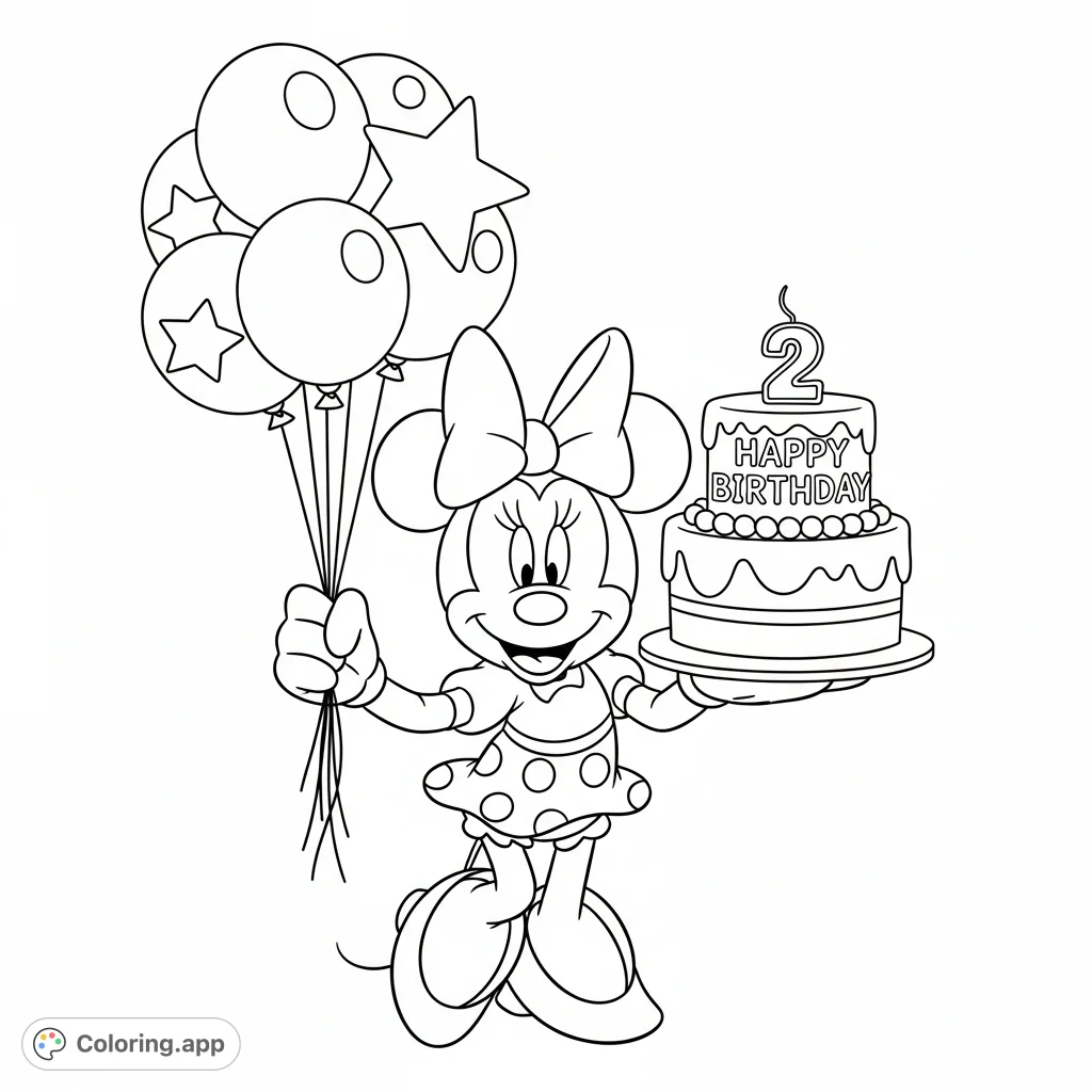 A delightful Minnie Mouse coloring page featuring Minnie holding balloons and a birthday cake with "Happy Birthday" and the number two.