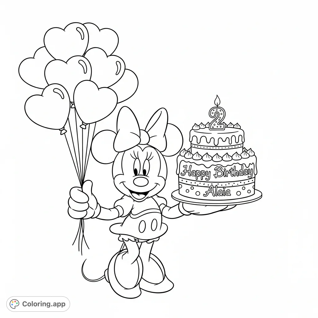 Join Minnie Mouse celebrating a special birthday! She holds heart balloons and a cake personalized with 'Happy Birthday Alaia' and a '2' candle.