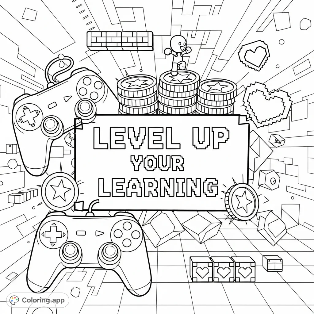 Embark on a pixelated adventure! This video game coloring page features 'Level Up your Learning' surrounded by iconic controllers, power-ups, and coins.