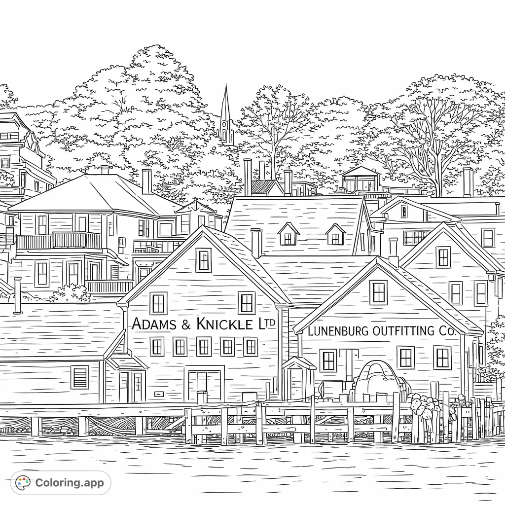 Explore a charming historic harbor townscape. Color intricate waterfront buildings, a bustling pier, and a distant church steeple nestled among trees.