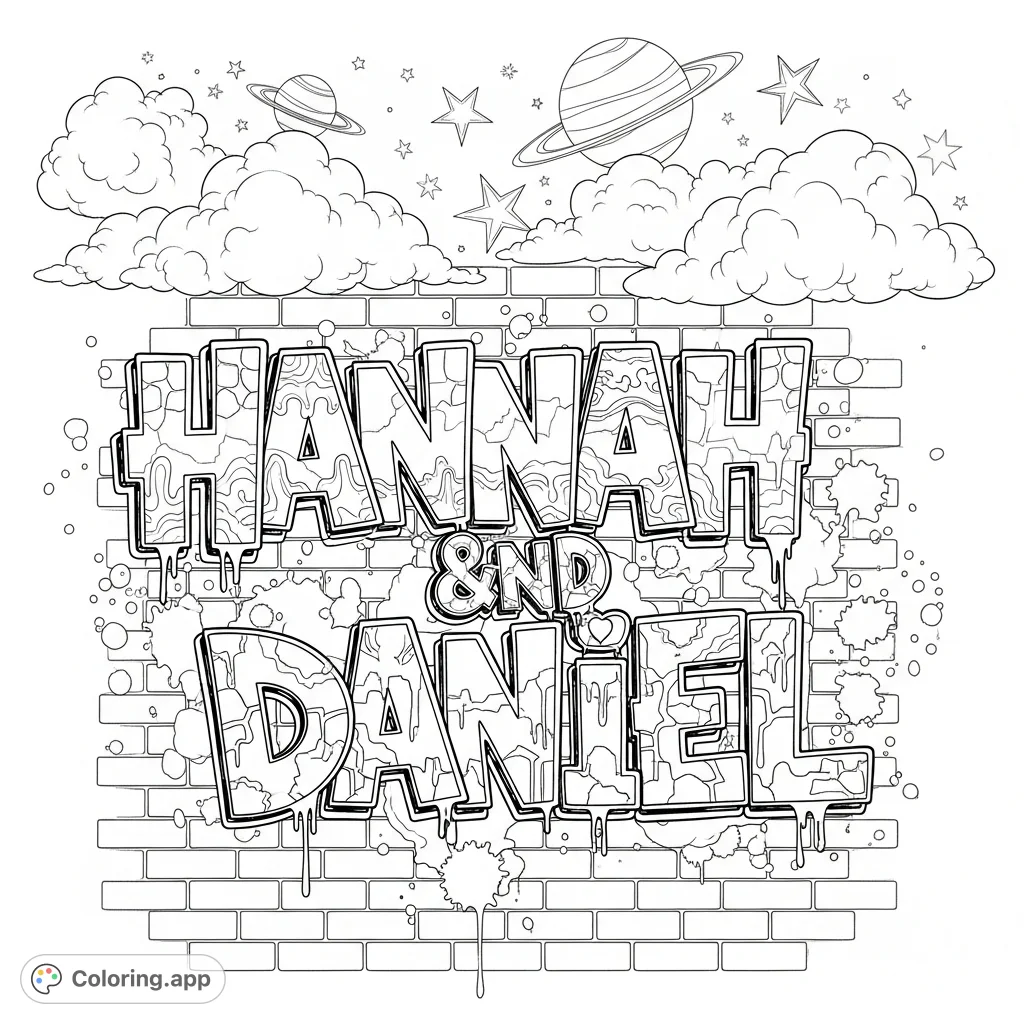 A dynamic graffiti art piece featuring the names Hannah and Daniel, set against a detailed brick wall with cosmic stars, planets, and fluffy clouds.