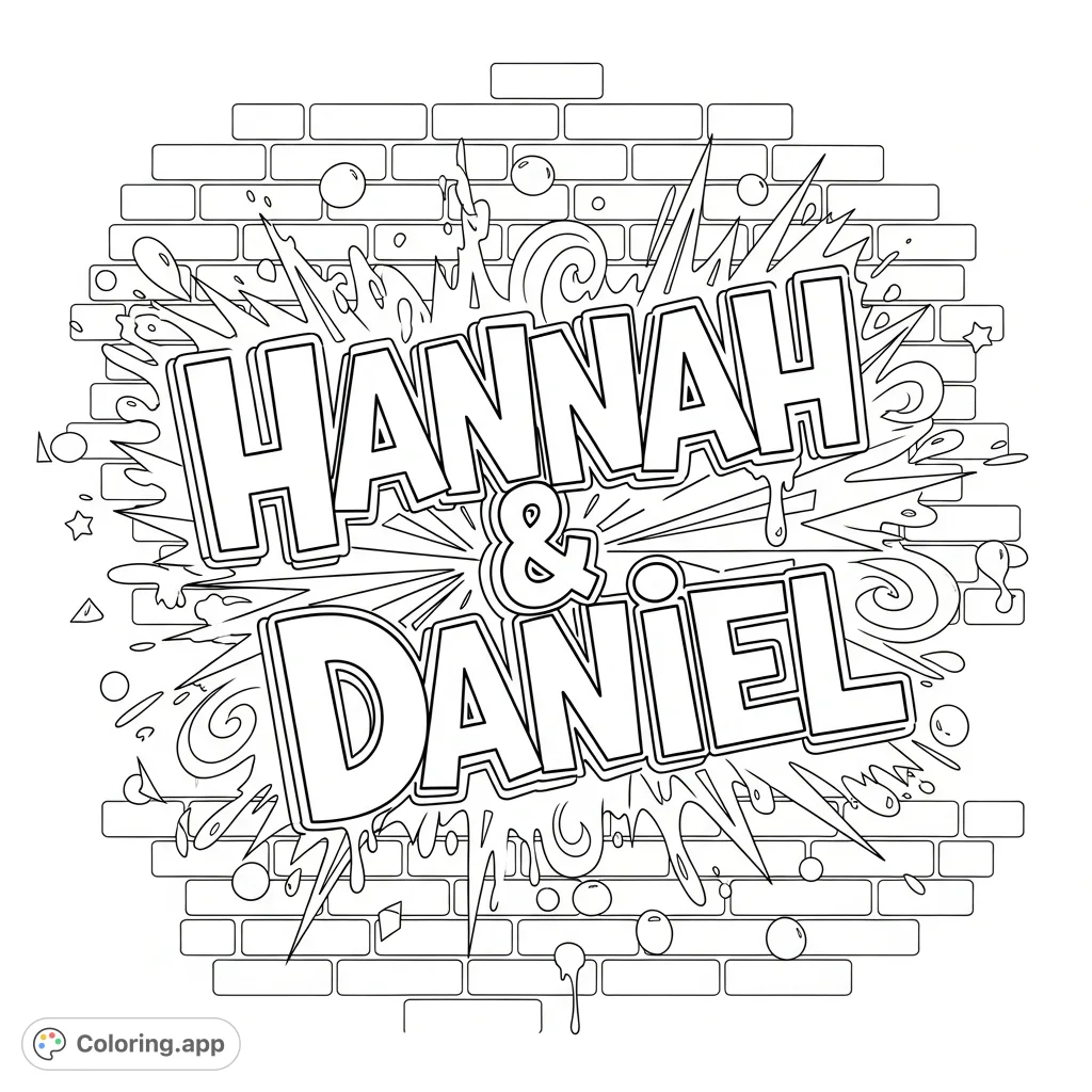 A dynamic graffiti art coloring page featuring "Hannah & Daniel" with bold letters, drips, swirls, starbursts, and geometric shapes against a brick wall.