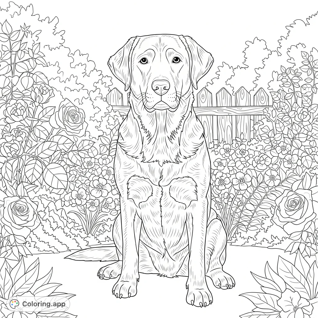 Discover a stunning, detailed Labrador Retriever coloring page nestled in a lush garden. Perfect for adults seeking a realistic and engaging artistic challenge.