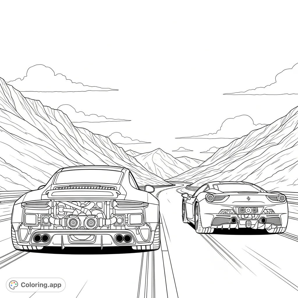 Experience a high-octane race between a Porsche 911 and Ferrari on a winding mountain road, featuring exposed turbos and intricate mechanical details.