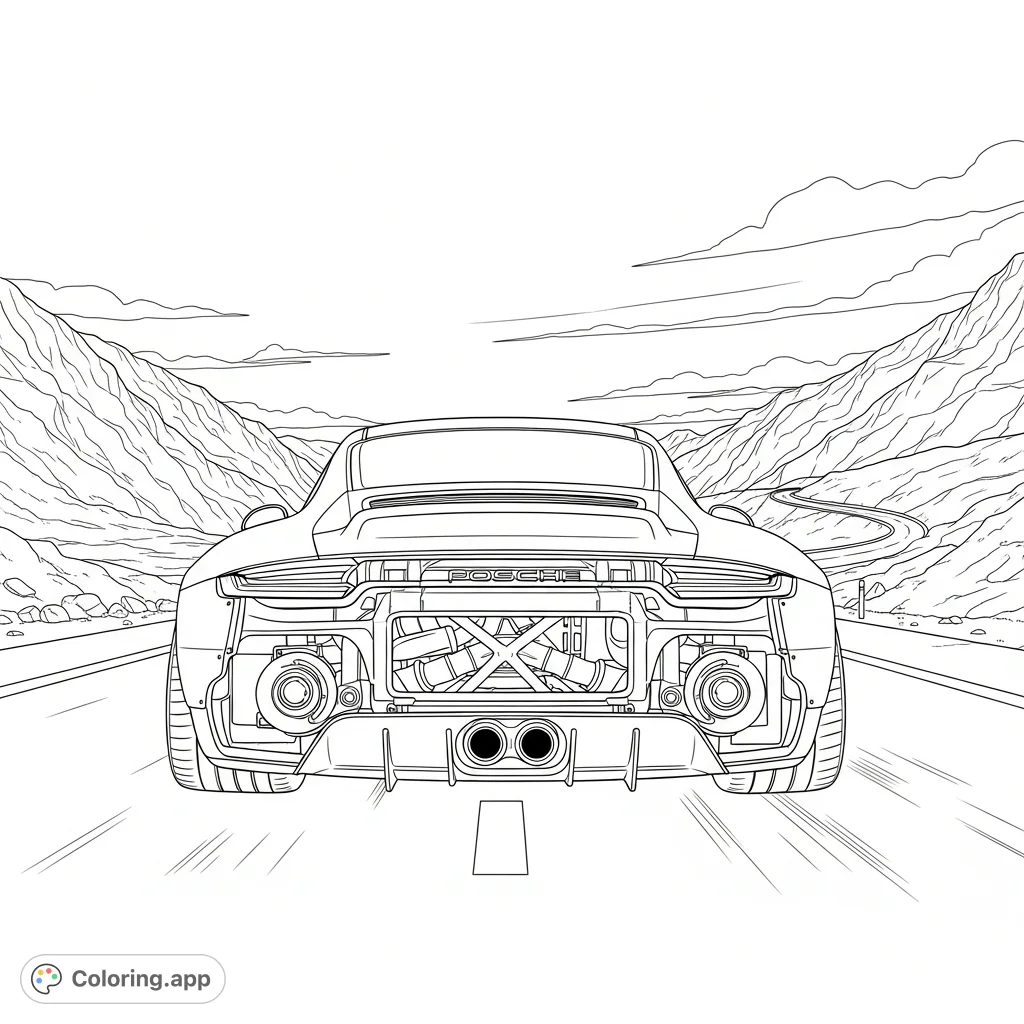 Experience the thrill with this modern Porsche 911 coloring page, showcasing a wide-body, twin-turbo beast on a winding mountain road. Perfect for car enthusiasts!