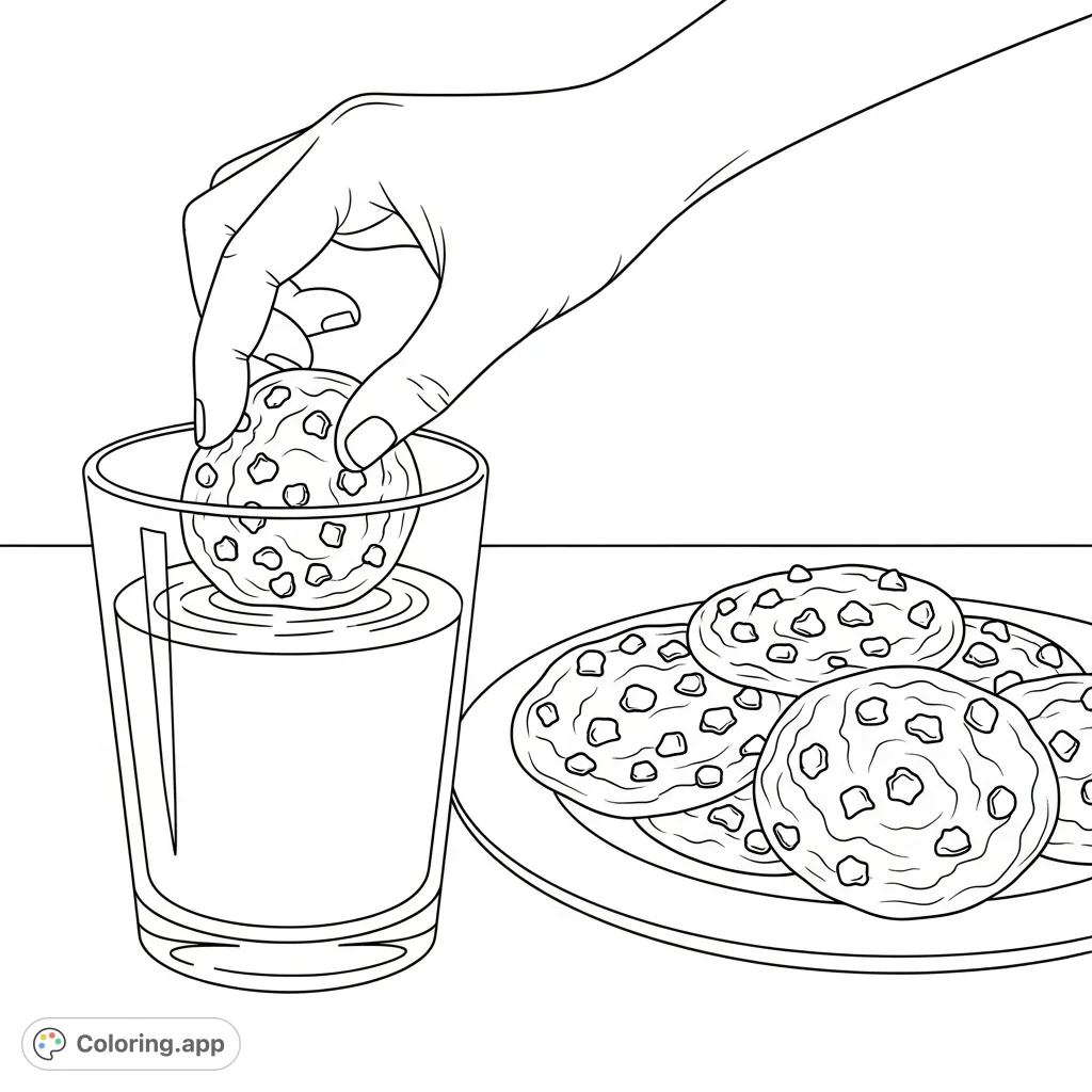 A delicious chocolate chip cookie dipping into a refreshing glass of milk, surrounded by more tasty cookies. A perfect treat to color!