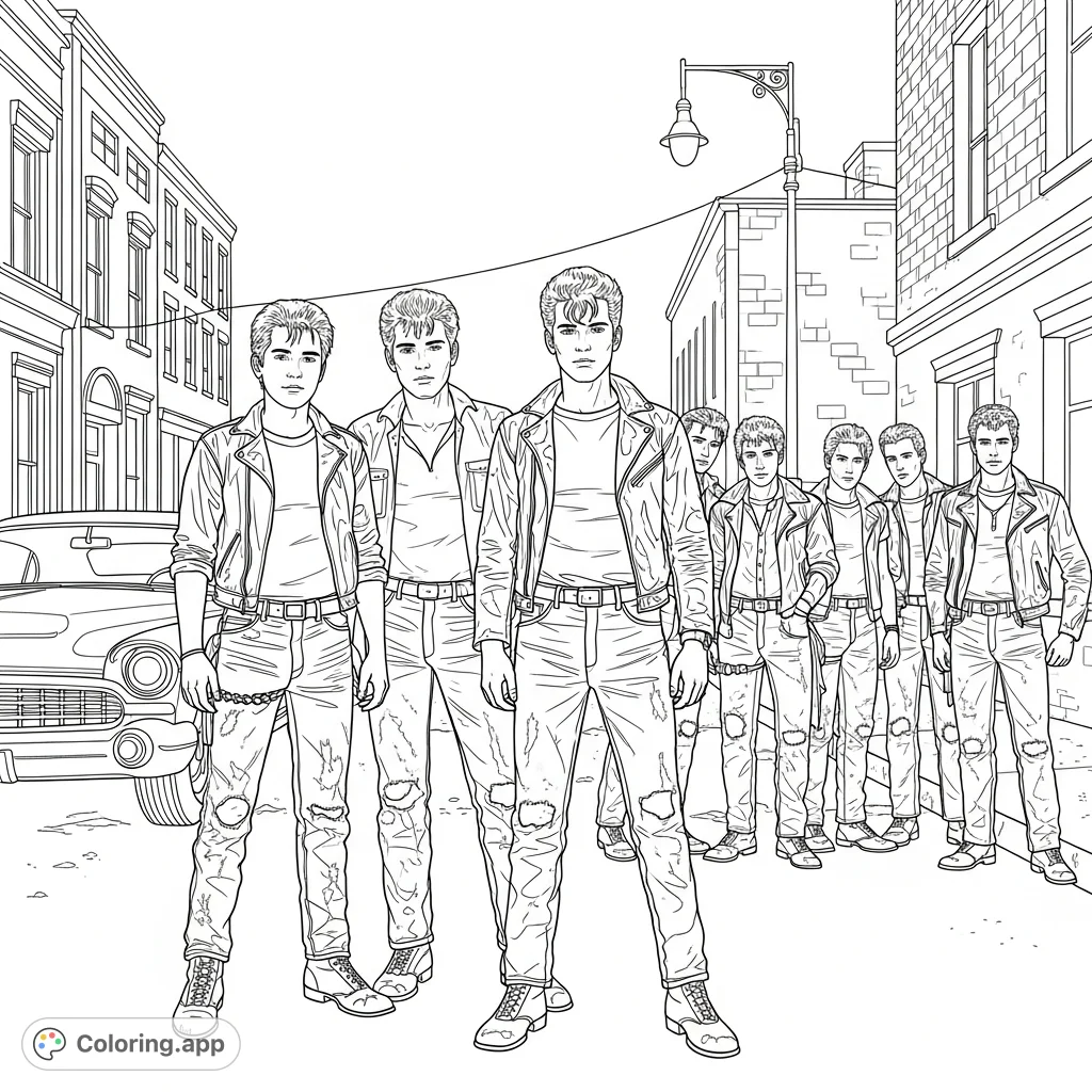 Step into the 1960s with "The Outsiders" Greasers, a detailed coloring page featuring Ponyboy, Johnny, Dallas, and the gang in their iconic street setting.