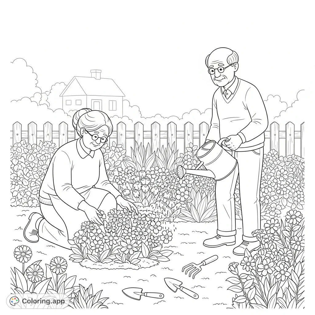 A heartwarming scene of grandparents happily gardening amidst a vibrant flower garden. Perfect for a relaxing and mindful coloring experience.