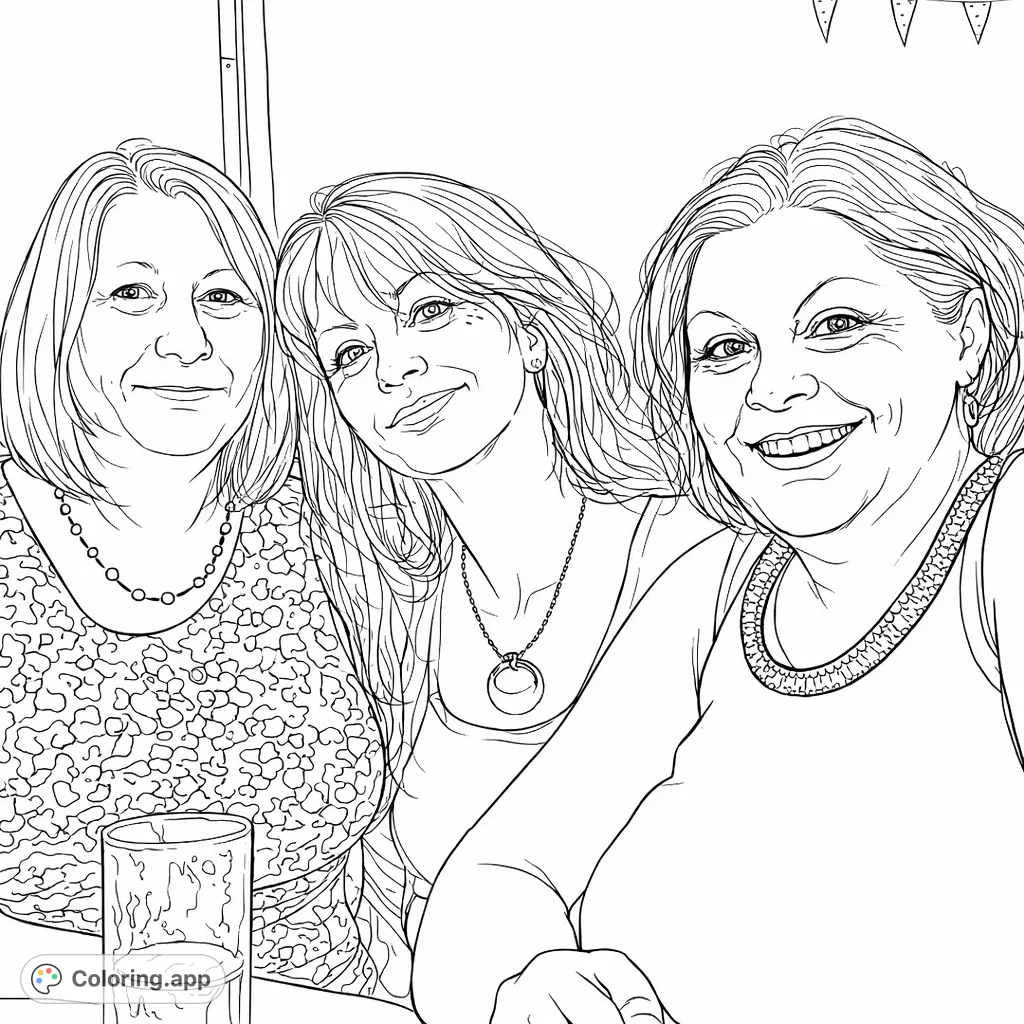 Capture a cheerful moment with three friends enjoying a social gathering. Features detailed patterns on garments and accessories, perfect for intricate coloring.