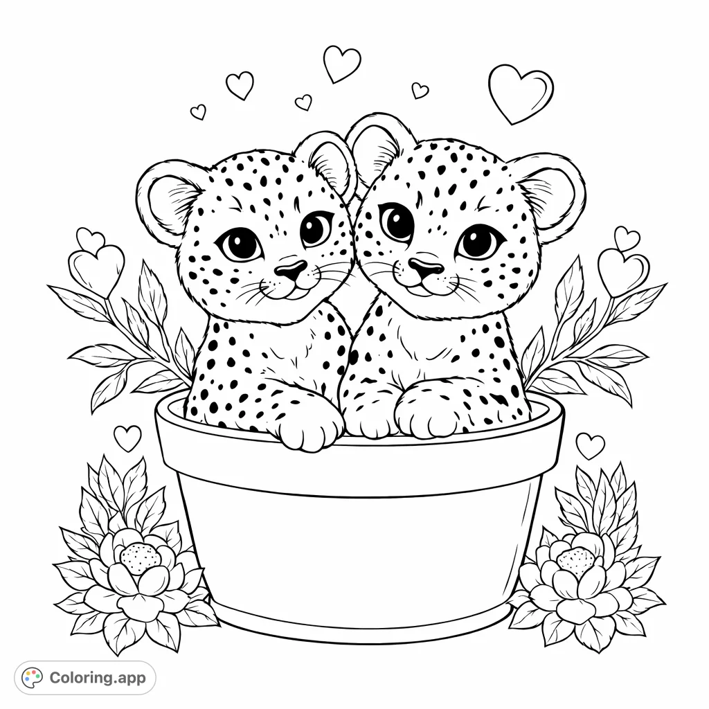 Two charming spotted cubs share a planter pot, surrounded by sweet hearts and foliage. A delightful scene perfect for spreading affection and joy.