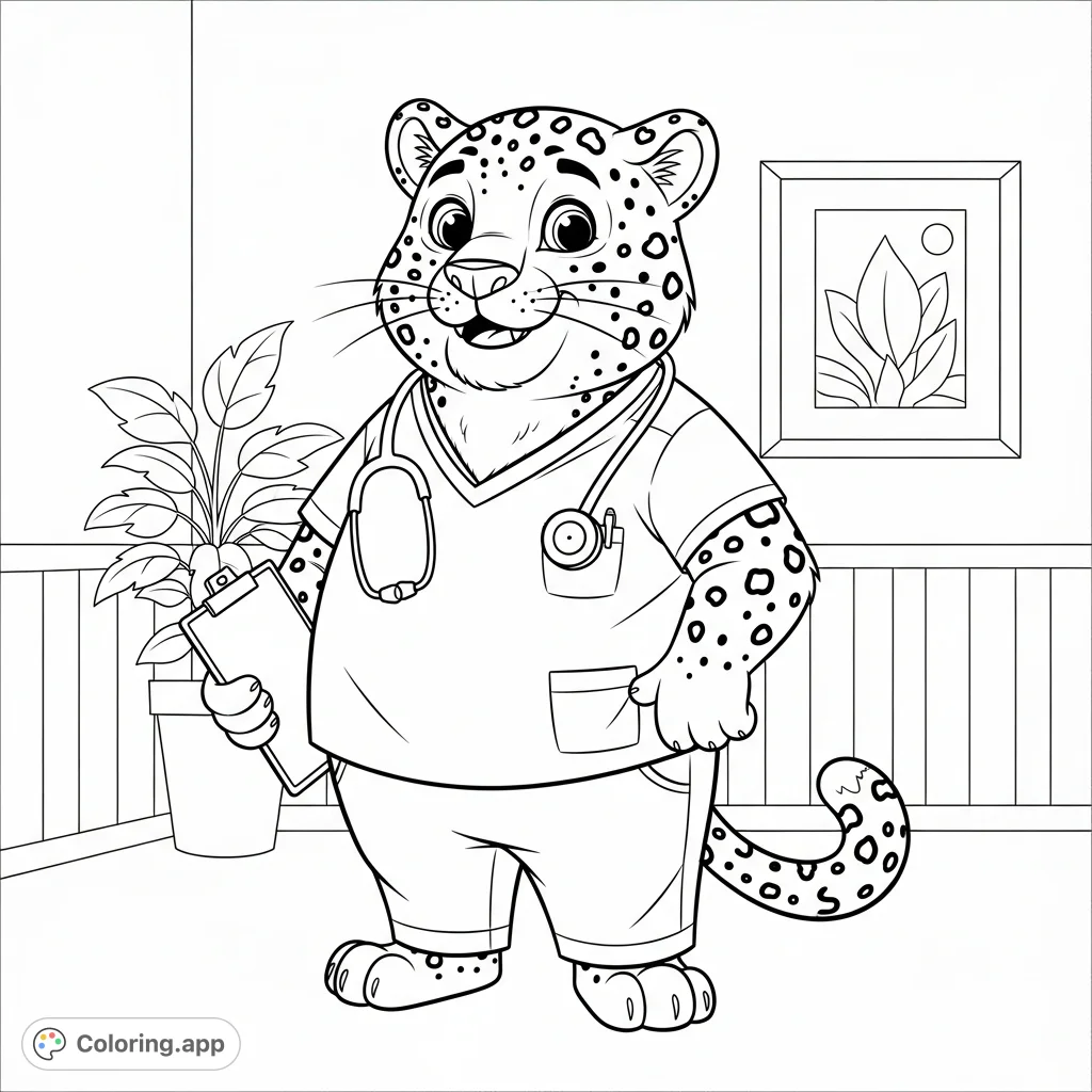 A lovable cartoon leopard, dressed in medical scrubs with a stethoscope, brings comfort and cheer. A free printable coloring page perfect for young aspiring healthcare heroes.
