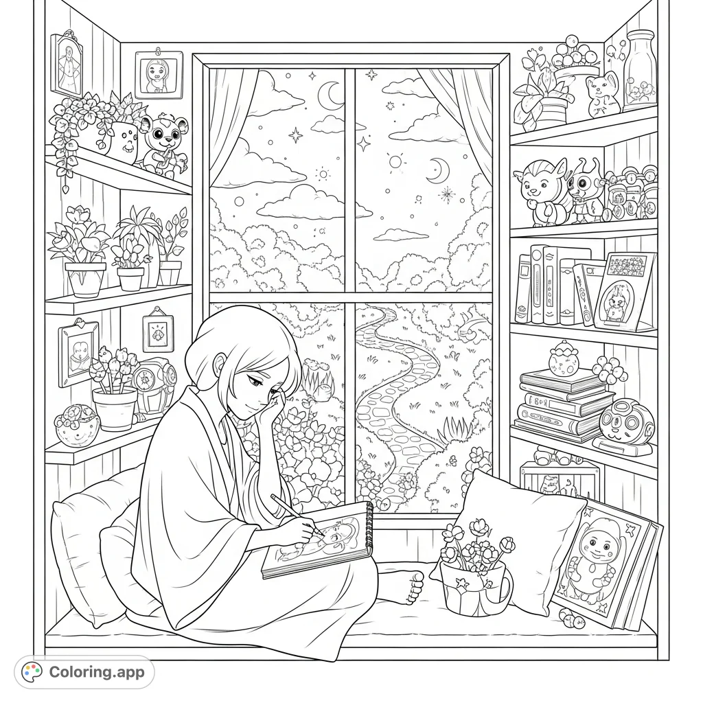 Explore a charmingly cluttered artist's space with a figure sketching by a window overlooking a serene garden. Detailed shelves, cozy window seat, and peaceful vibes.