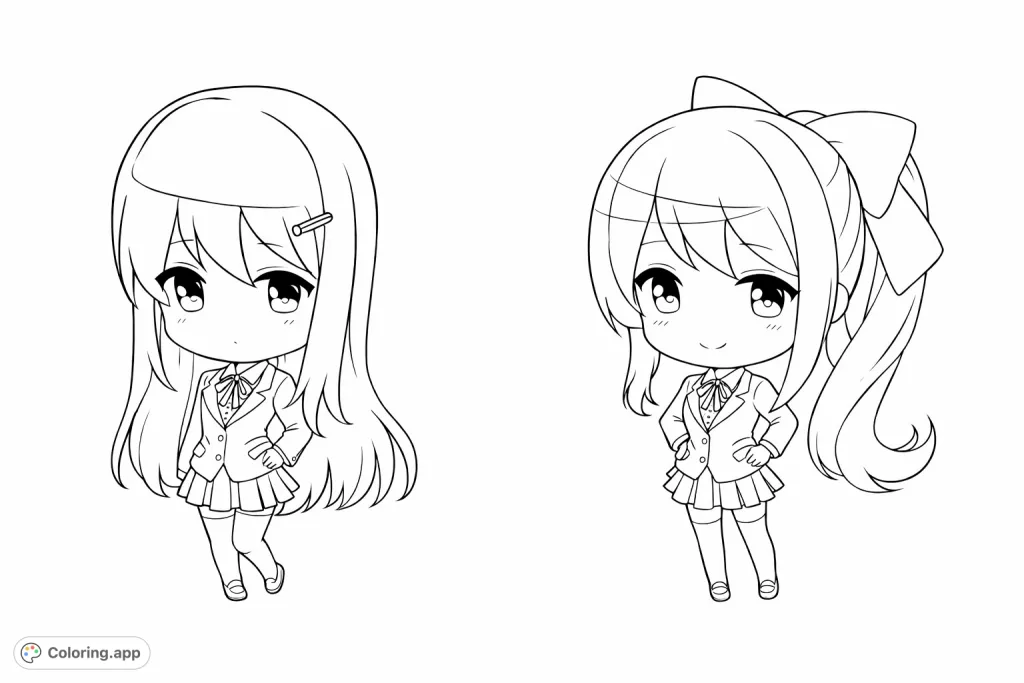 Chibi anime schoolgirls pose in their uniforms, offering a delightful and charming coloring experience for fans of cute characters and Japanese animation styles.