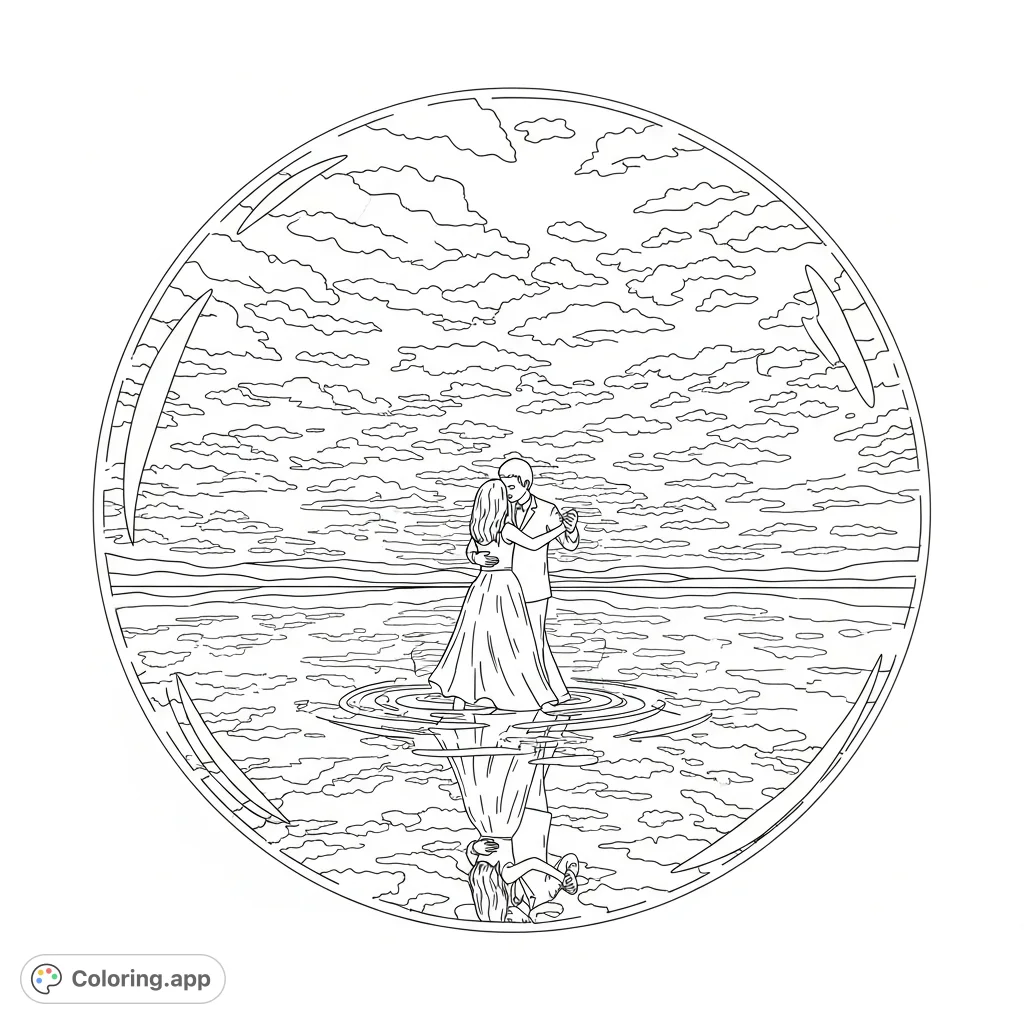 Discover a romantic free printable dancing couple coloring page, encapsulated within a serene bubble on a reflective lake with a setting sky.