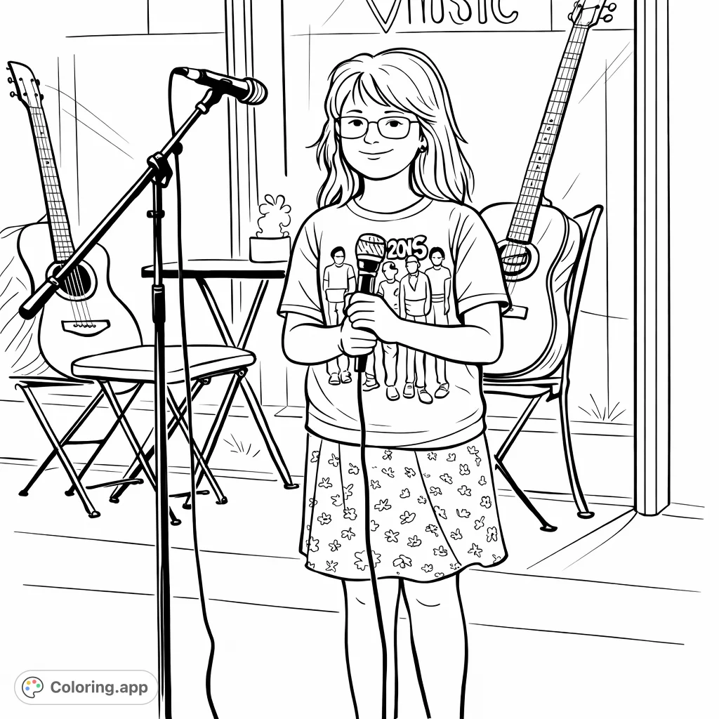 A captivating music coloring page featuring a young performer on stage, holding a microphone, surrounded by musical instruments and stage elements.