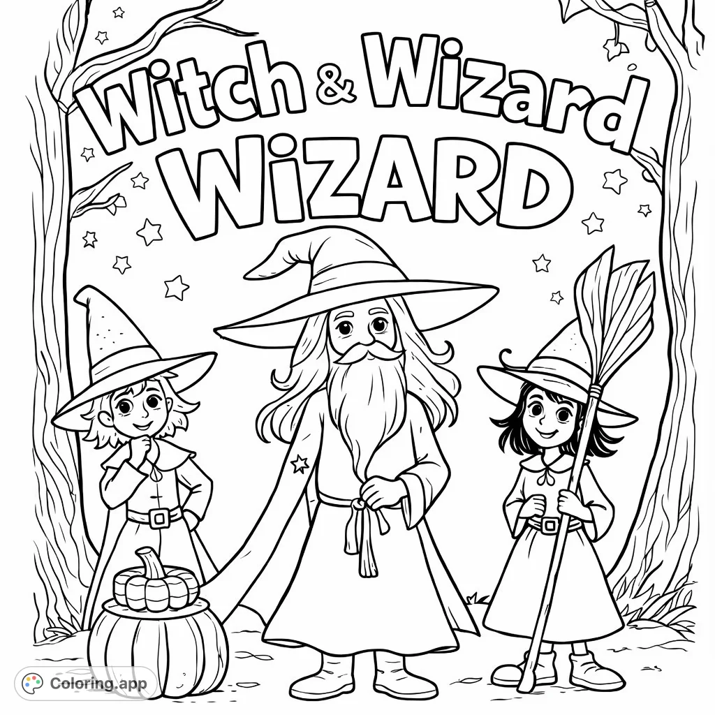 A charming wizard and two young witches in an enchanted forest scene, complete with a pumpkin basket and broom, perfect for a magical coloring adventure.