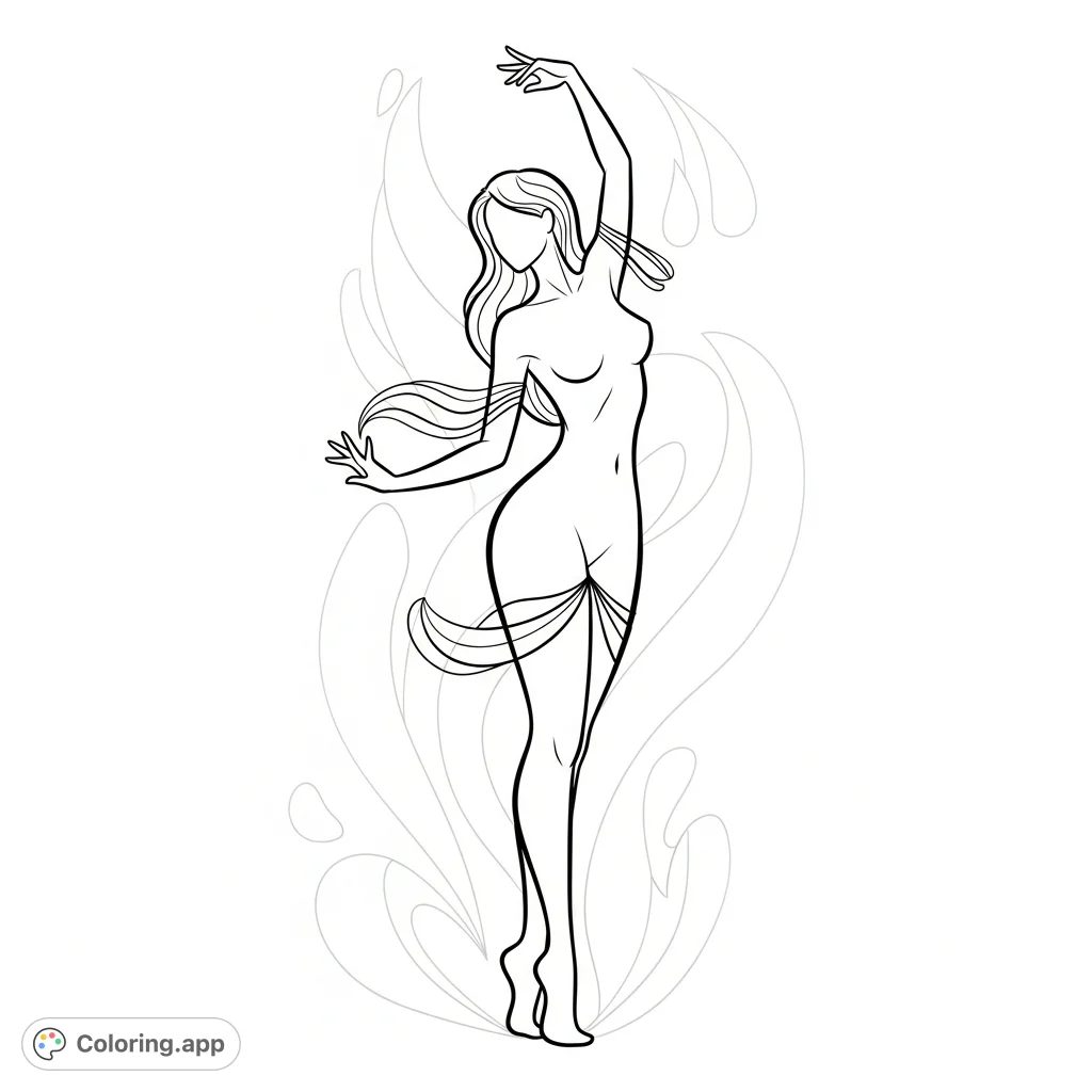 A graceful, curvaceous female figure in an elegant pose, emphasizing her form with flowing lines and minimal adornments. Perfect for adult colorists.