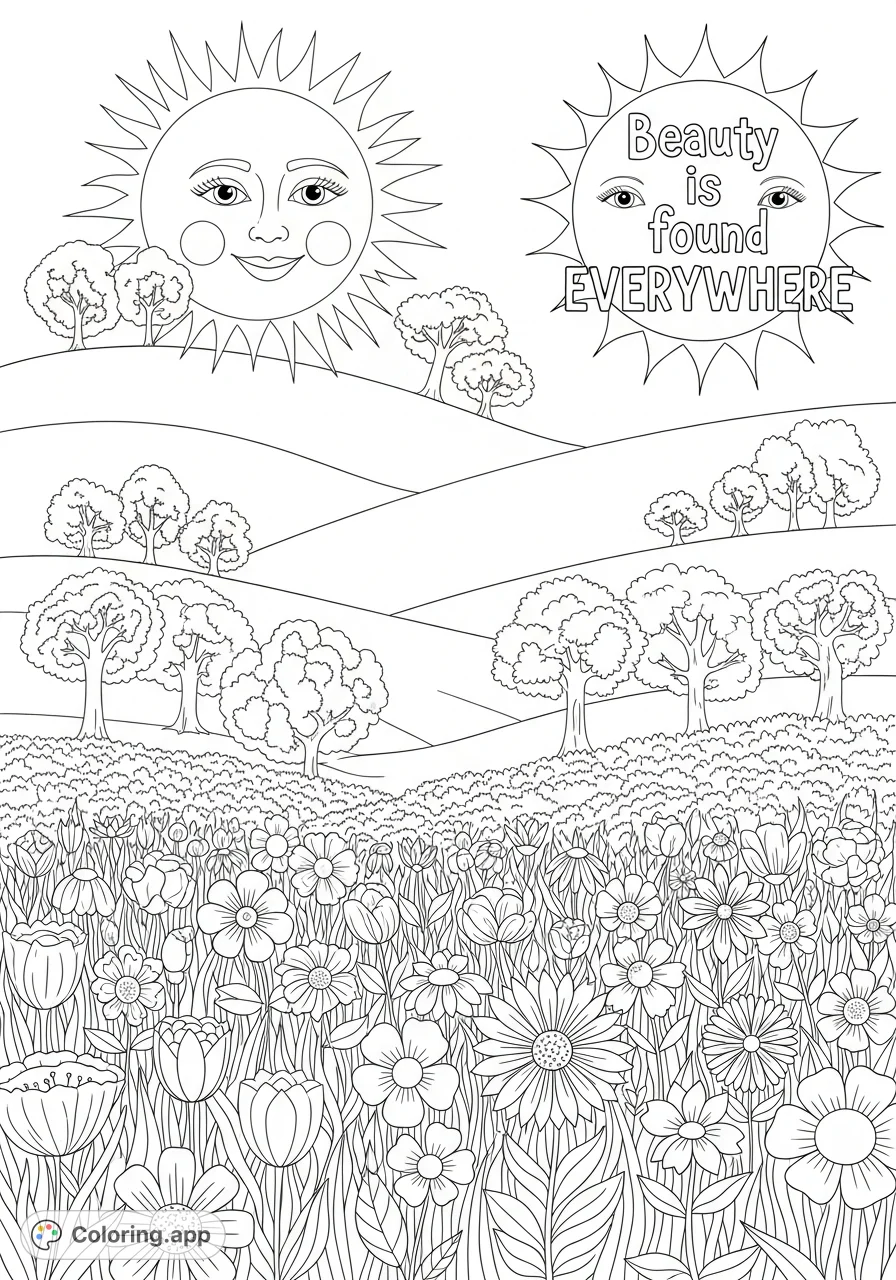 Explore a tranquil landscape with rolling hills, scattered trees, a vibrant flower field, and a cheerful sun proclaiming "Beauty is found EVERYWHERE".